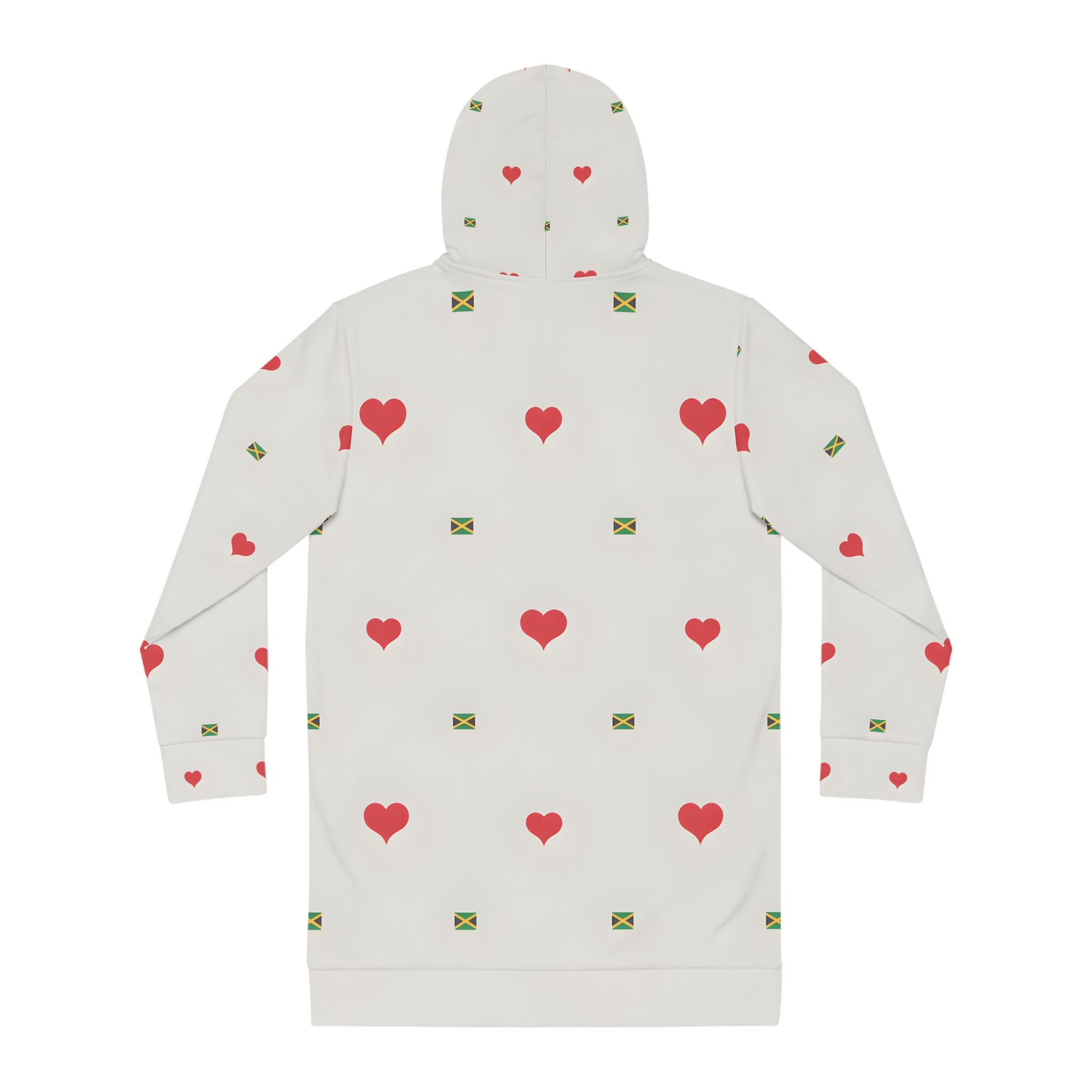 Hoodie Dress- Jamaica Flag Heart Print  Pattern— Cute All-Over Pattern Pullover Hoodie Dress-White product thumbnail image