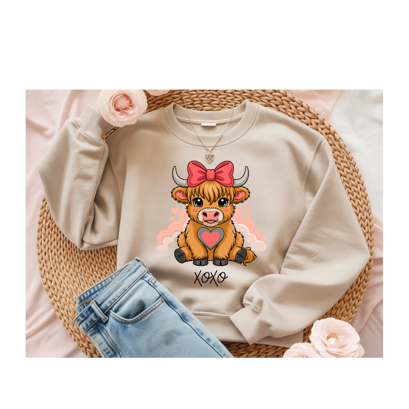 Cow with Bow Sweatshirt – Cute Highland Calf XOXO Valentine's Crewneck product thumbnail image