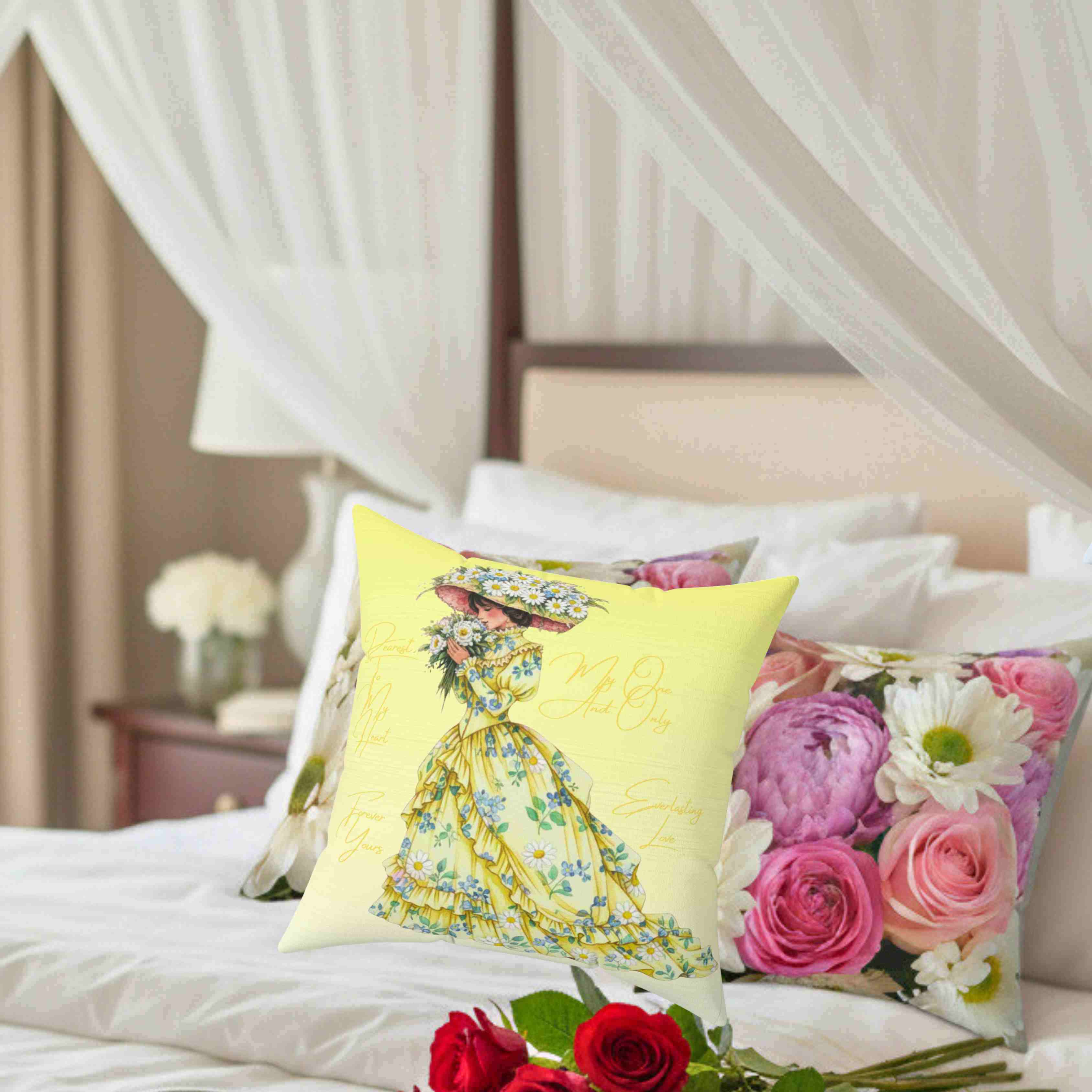 Victorian Floral Lady Pillow | The Beloved Collection | Yellow Square Decorative Cushion product thumbnail image