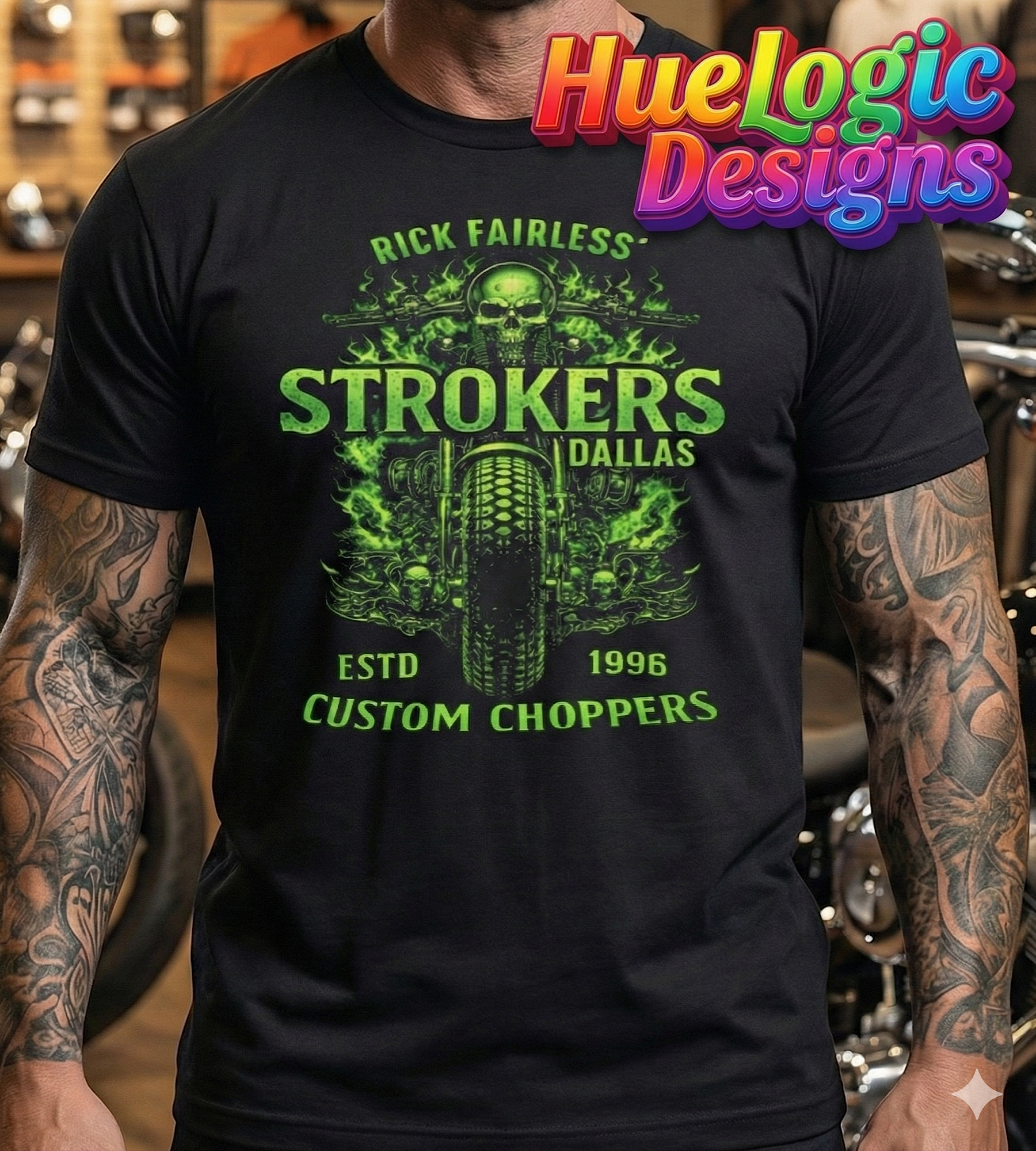Rick Fairless Strokers Dallas Custom Choppers Shirt | Biker Skull No Harley Tee product thumbnail image Rick Fairless Strokers Dallas Custom Choppers Shirt | Biker Skull No Harley Tee product thumbnail image