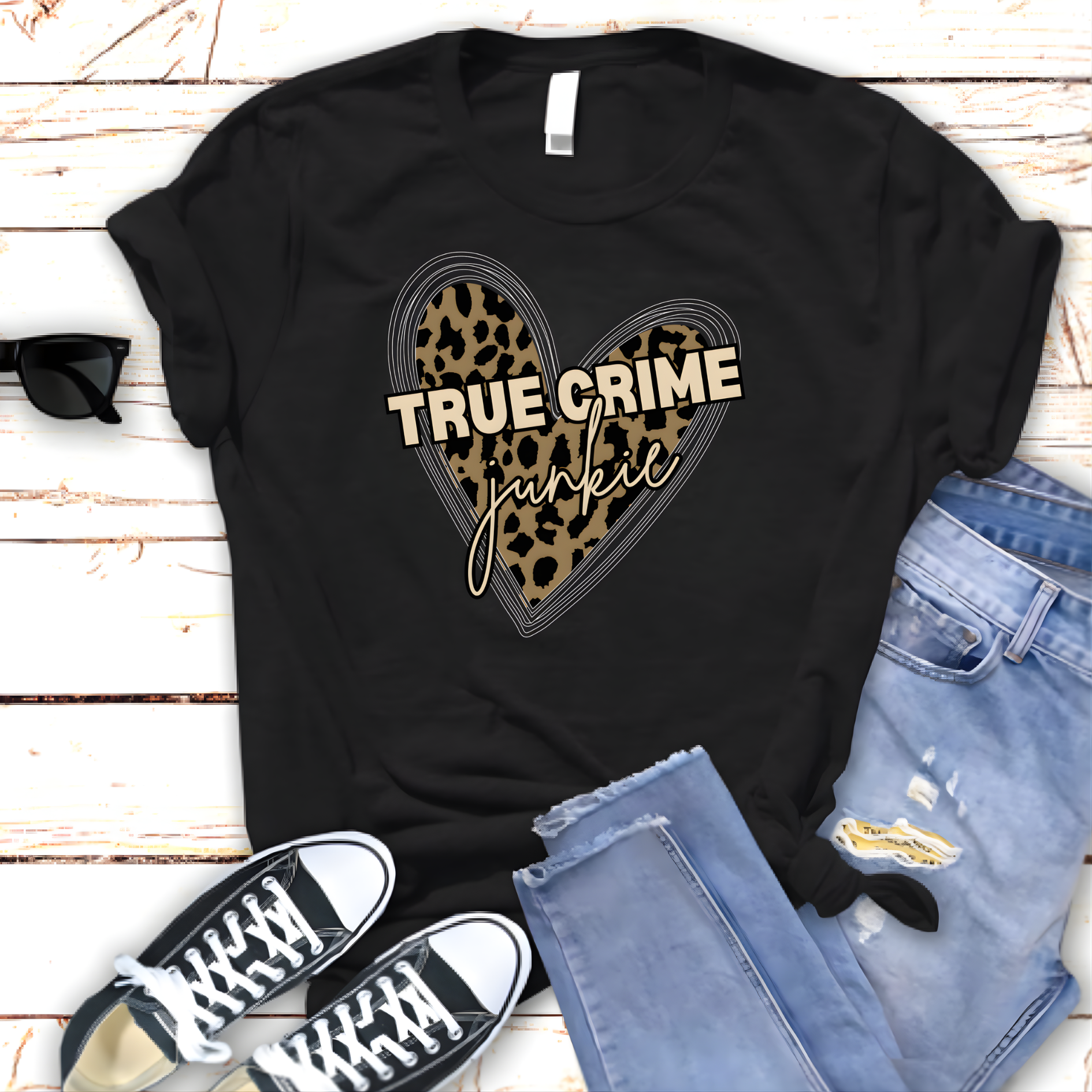 True Crime Junkie Leopard Heart Tee — Women's Cotton T-Shirt product thumbnail image True Crime Junkie Leopard Heart Tee — Women's Cotton T-Shirt product thumbnail image