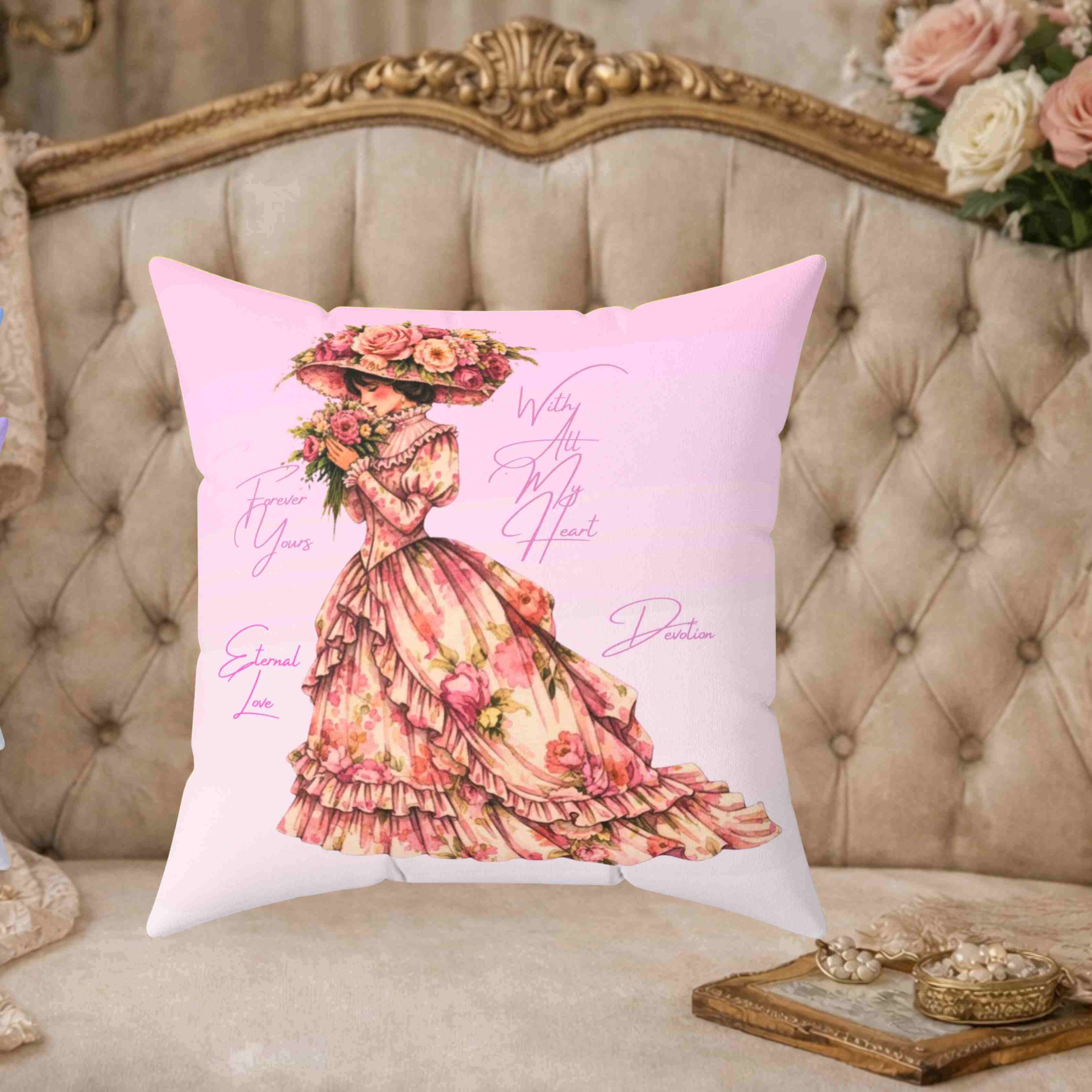 Victorian Rose Lady Pillow | The Beloved Collection | Decorative Pink Square Throw Cushion