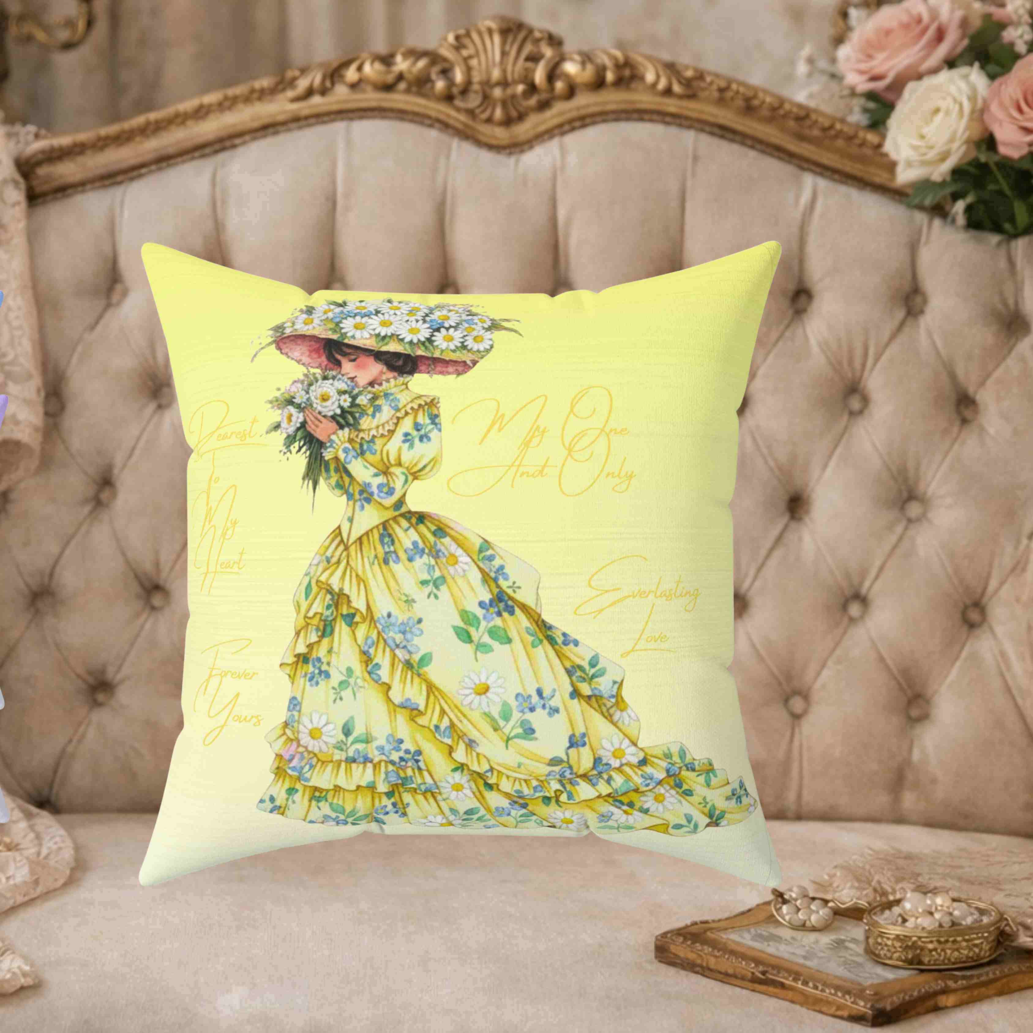 Victorian Floral Lady Pillow | The Beloved Collection | Yellow Square Decorative Cushion product thumbnail image Victorian Floral Lady Pillow | The Beloved Collection | Yellow Square Decorative Cushion product thumbnail image