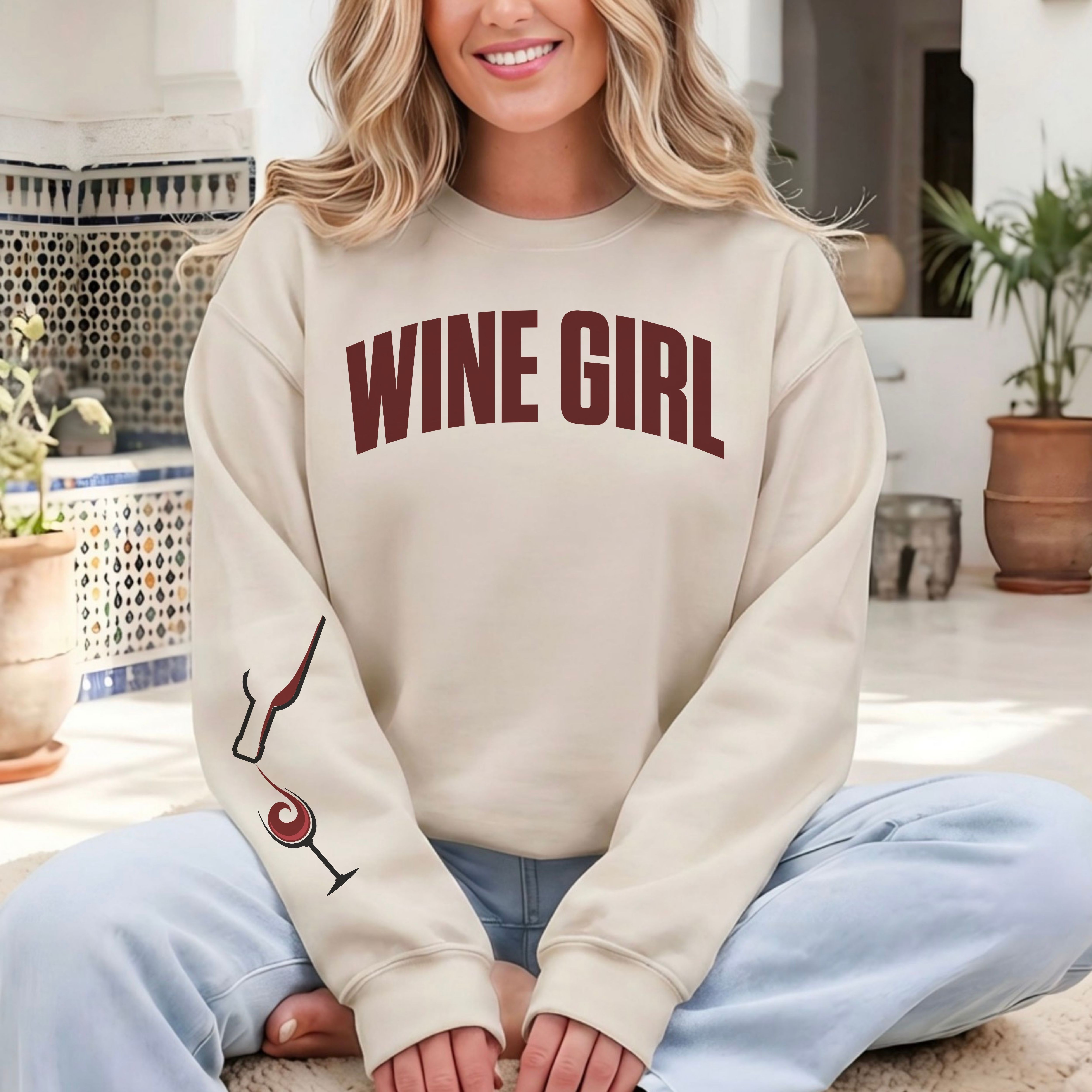 Wine Girl Sweatshirt | Cozy Unisex Crewneck with Wine Pour Sleeve Design | Funny Wine Lover Gift | Girls Wine Night Sweater