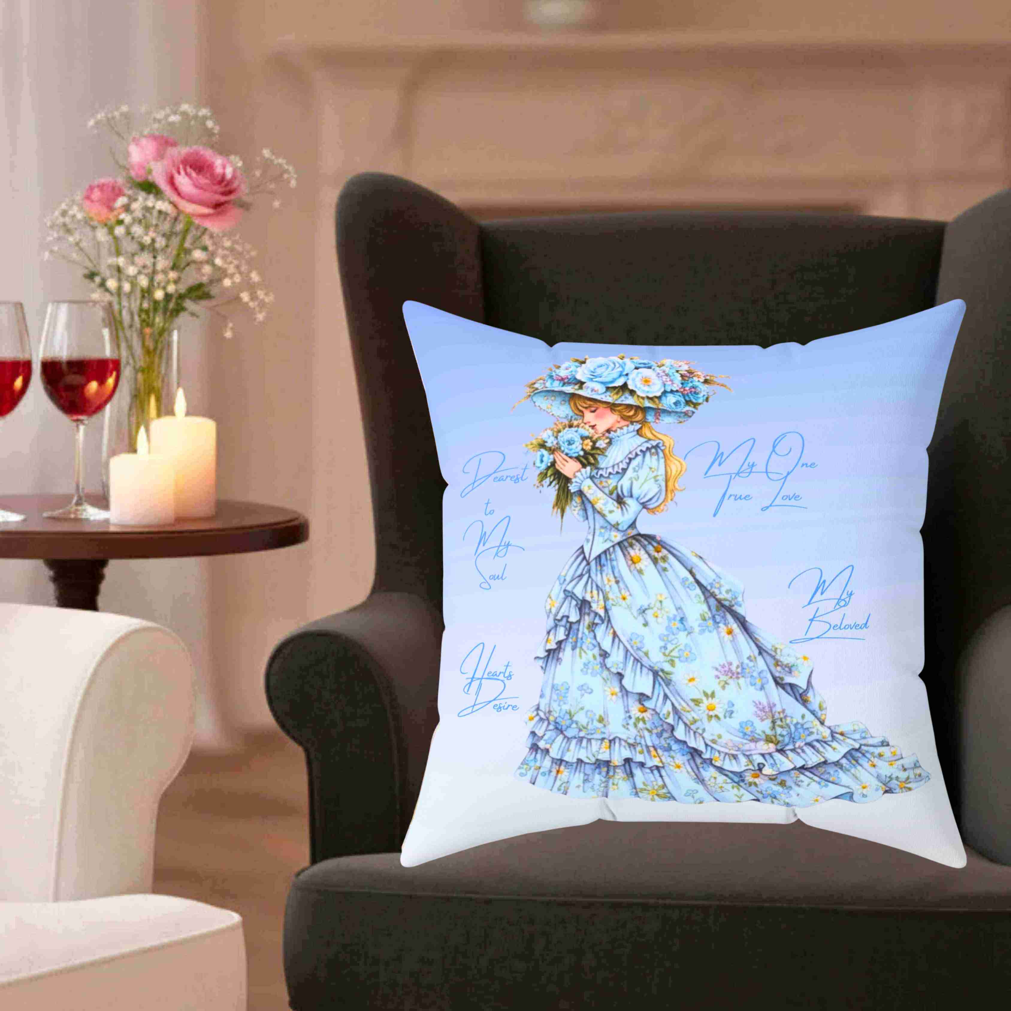 Victorian Lady in Blue dress Pillow | The Beloved Collection | Vintage Floral Illustration decorative cushion