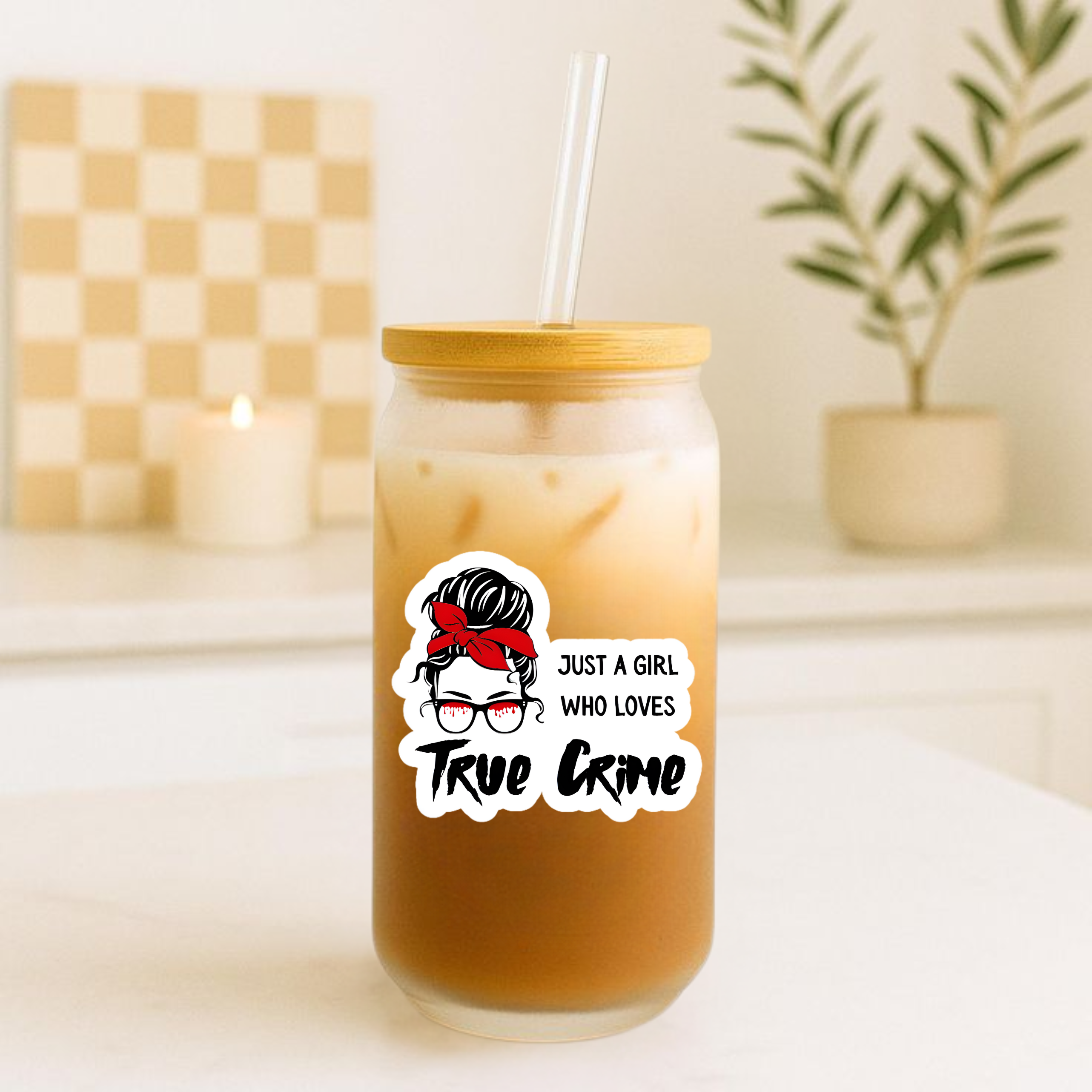 Sipper Glass — "Just a Girl Who Loves True Crime" 16oz Clear Drink Jar with Bamboo Lid product thumbnail image Sipper Glass — "Just a Girl Who Loves True Crime" 16oz Clear Drink Jar with Bamboo Lid product thumbnail image