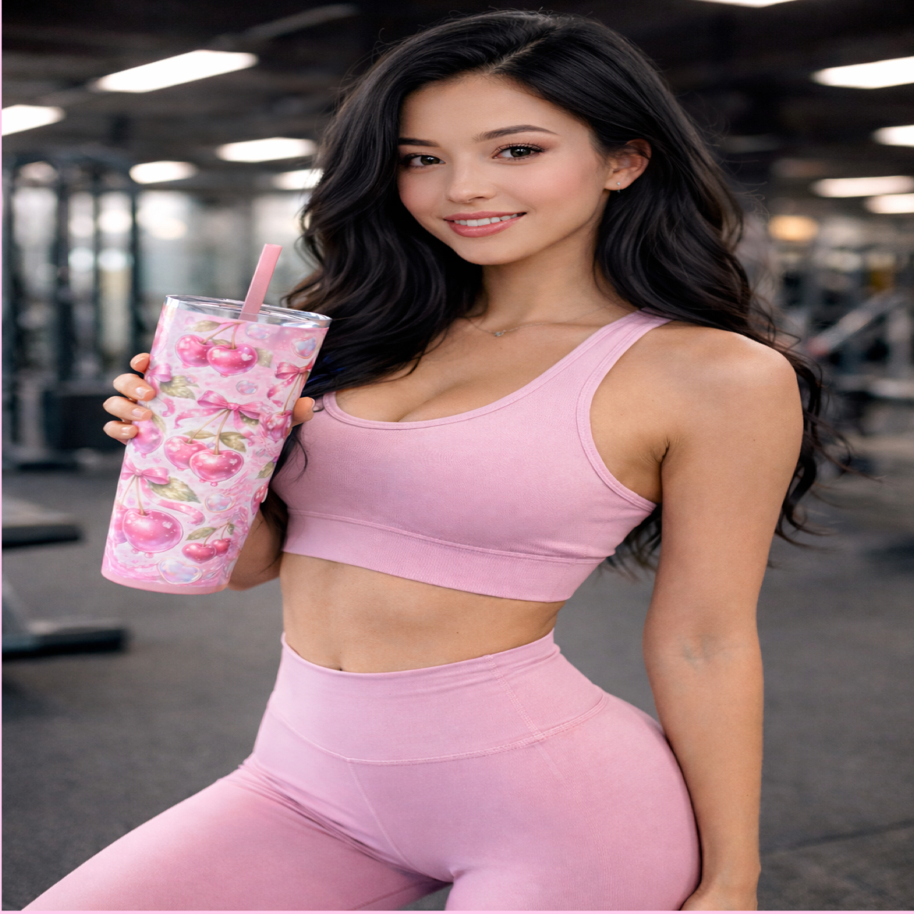 Pink Cherry tumbler cup with straw 