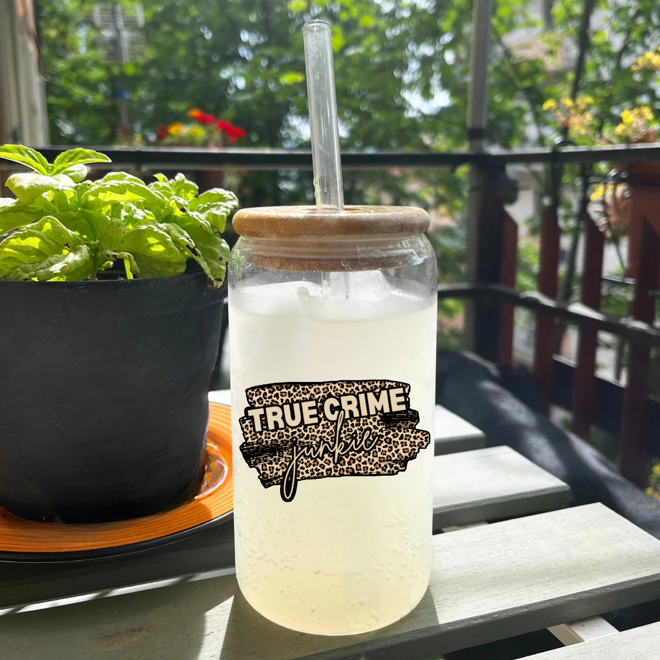 Leopard True Crime Junkie Sipper Glass — 16oz Glass Tumbler with Straw product thumbnail image Leopard True Crime Junkie Sipper Glass — 16oz Glass Tumbler with Straw product thumbnail image