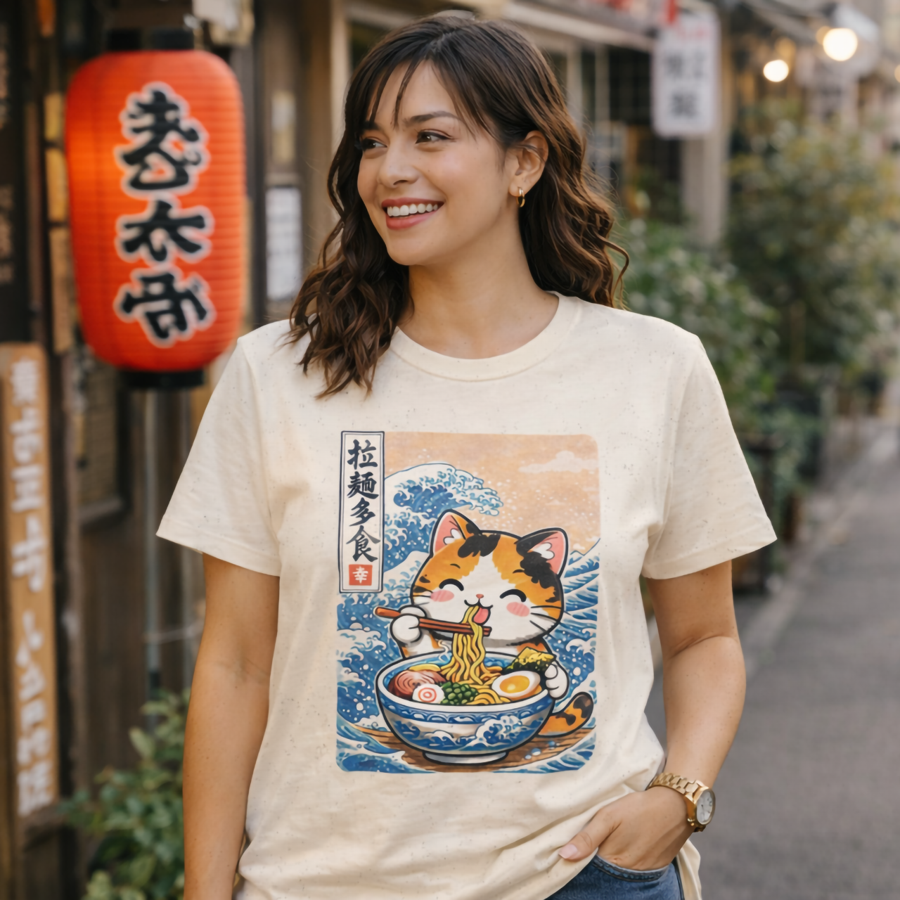 Ramen Cat Tee, Kawaii Neko Eating Ramen with Great Wave Art product thumbnail image Ramen Cat Tee, Kawaii Neko Eating Ramen with Great Wave Art product thumbnail image