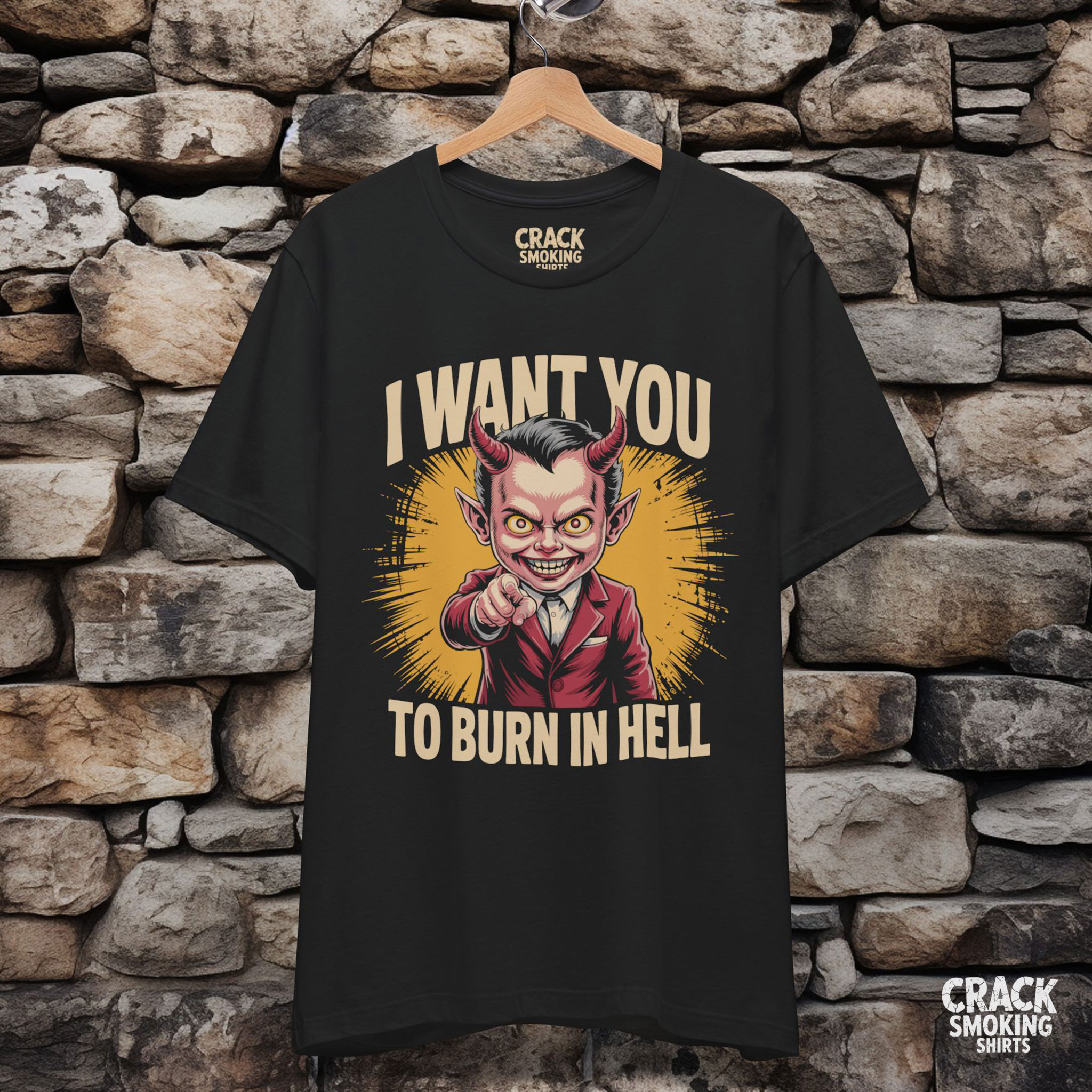 I Want You to Burn in Hell – Devil Recruiter Satire Unisex T-Shirt product thumbnail image I Want You to Burn in Hell – Devil Recruiter Satire Unisex T-Shirt product thumbnail image
