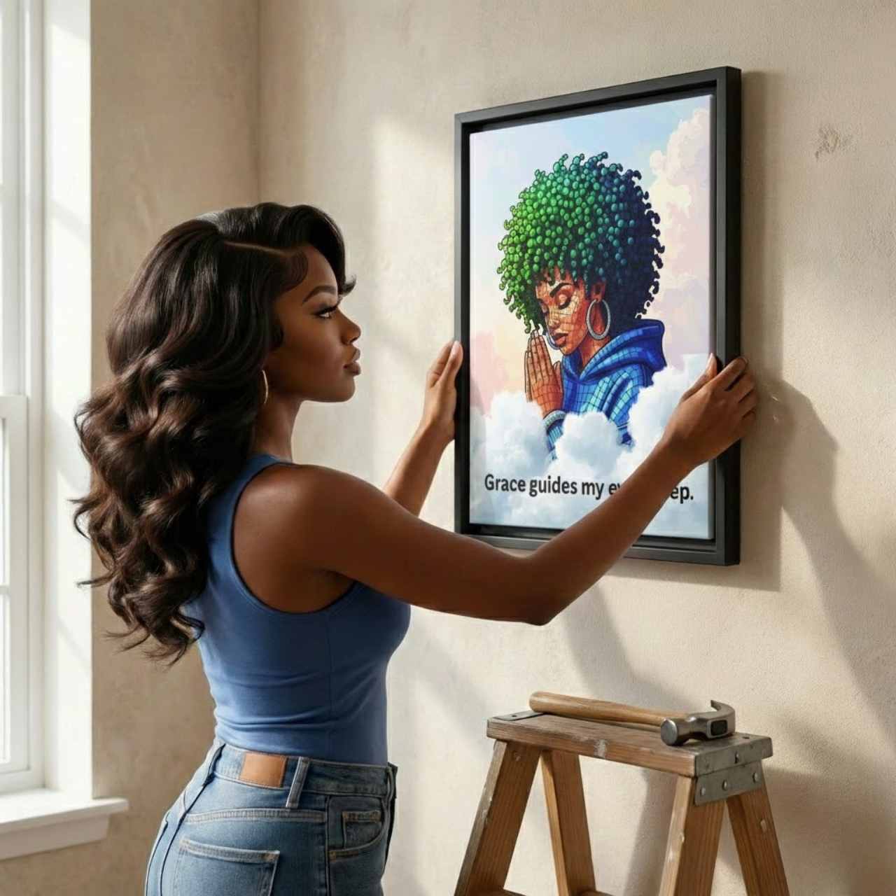 “Hope Rises Within Me Like the Sun” Afro Woman Wall Art – Inspirational Praying Black Woman Framed Canvas for Bedroom, Meditation &amp; Faith Home Décor
