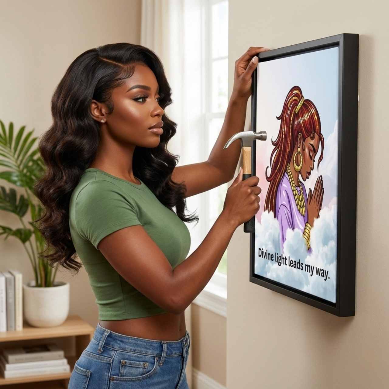 “Divine Light Leads My Way” Praying Woman Wall Art – Inspirational Christian Framed Canvas for Bedroom, Meditation &amp; Faith Home Décor product thumbnail image