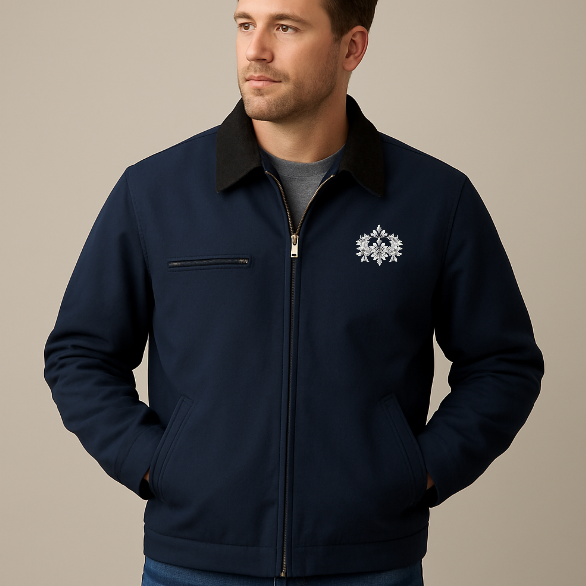 Embroidered Flame Crest Work Jacket — Durable Duck Cloth Utility Jacket product thumbnail image Embroidered Flame Crest Work Jacket — Durable Duck Cloth Utility Jacket product thumbnail image