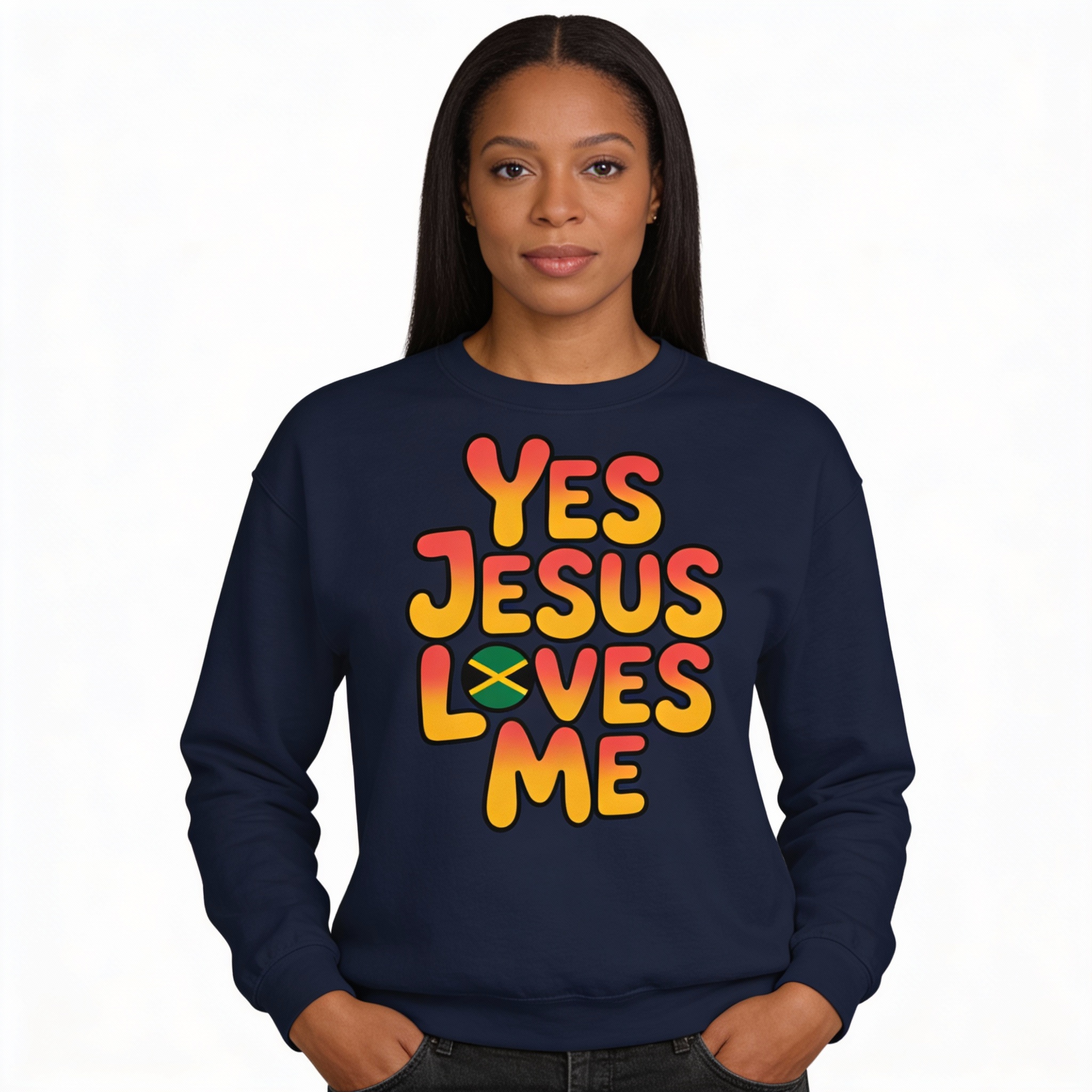 Sweatshirt -Unisex-Yes Jesus Loves Me Crewneck — Retro Faith Graphic with Jamaican Flag product thumbnail image