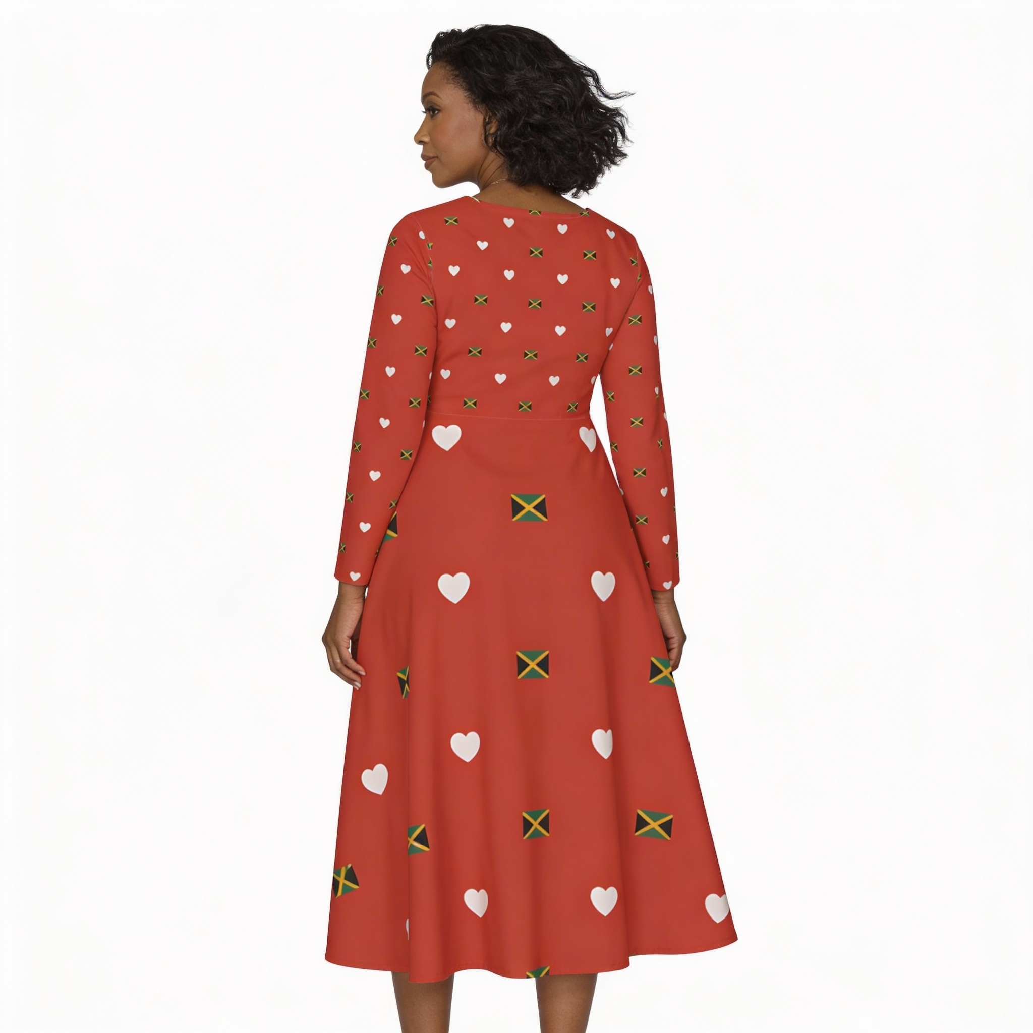 Dance Dress-Jamaica Heart Print Long-Sleeve Midi Dance Dress product thumbnail image