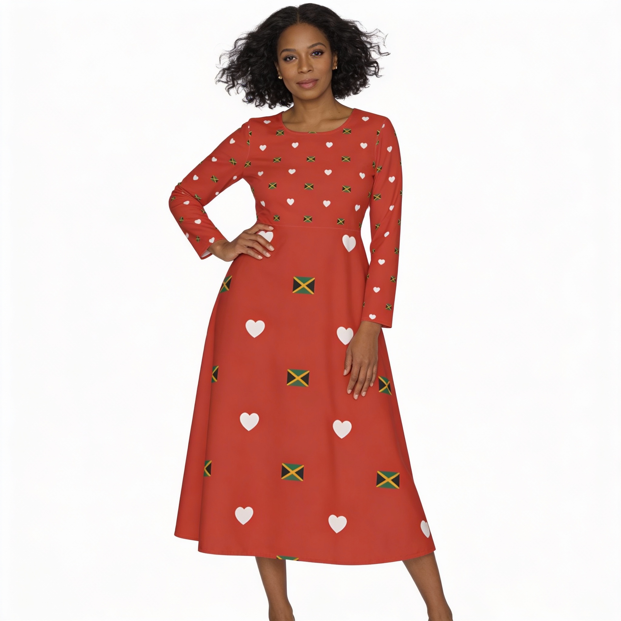 Dance Dress-Jamaica Heart Print Long-Sleeve Midi Dance Dress