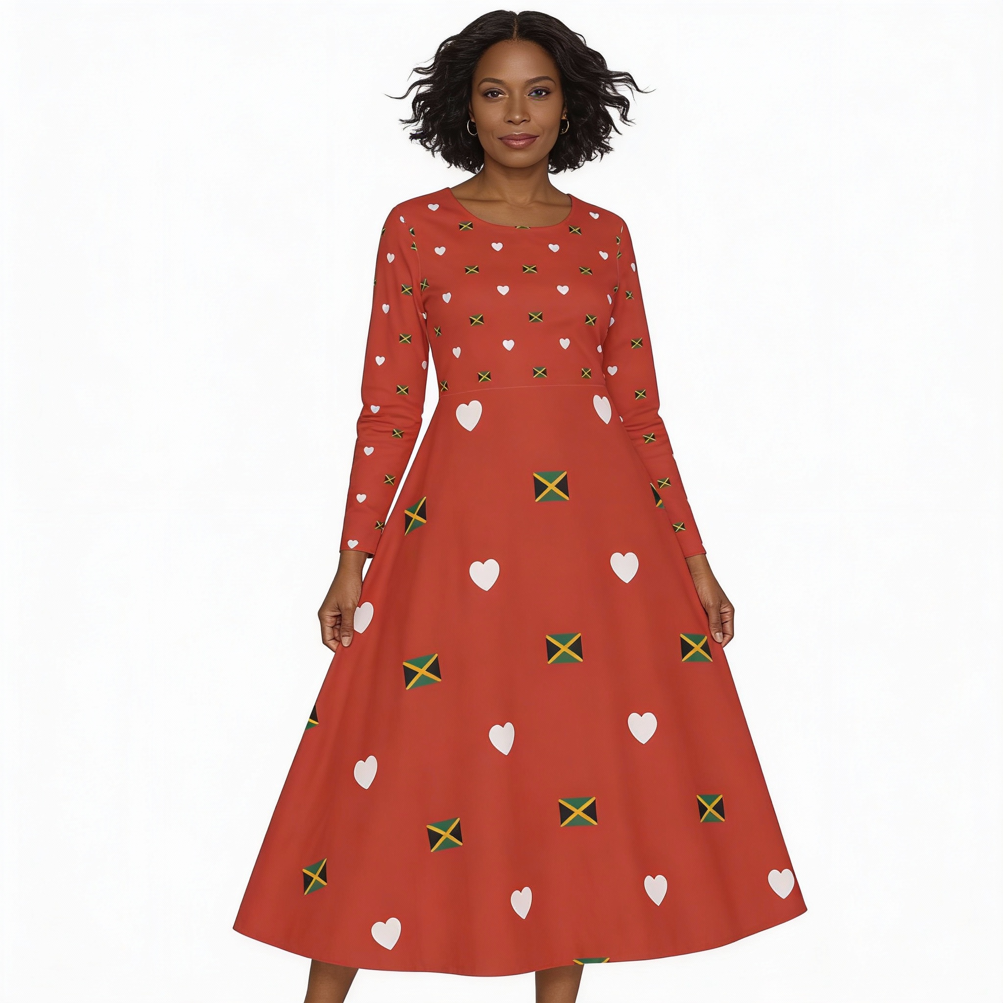 Dance Dress-Jamaica Heart Print Long-Sleeve Midi Dance Dress product thumbnail image Dance Dress-Jamaica Heart Print Long-Sleeve Midi Dance Dress product thumbnail image