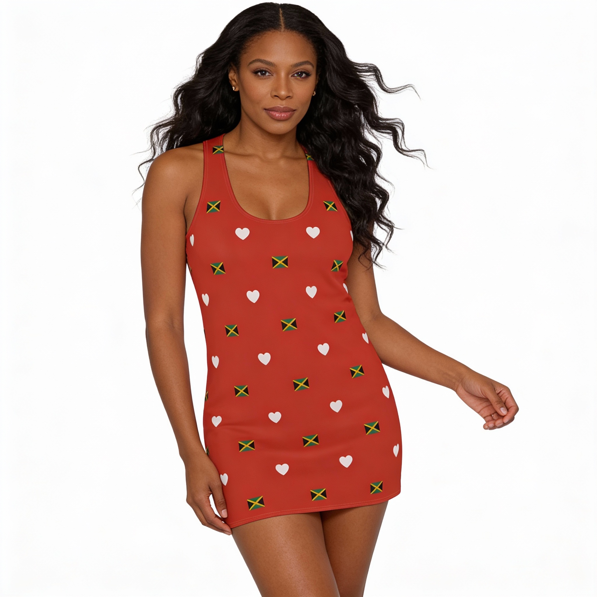 Mini Dress-Jamaica Flag Heart Racerback Dress — Red Women's Mini Dress product thumbnail image Mini Dress-Jamaica Flag Heart Racerback Dress — Red Women's Mini Dress product thumbnail image