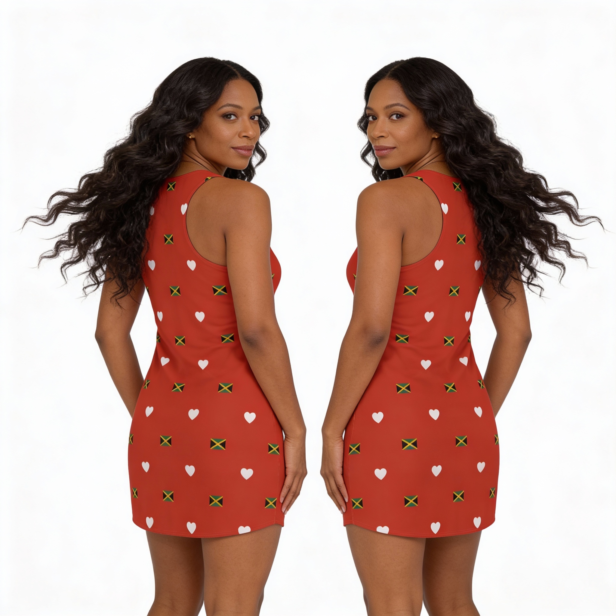 Mini Dress-Jamaica Flag Heart Racerback Dress — Red Women's Mini Dress product thumbnail image Mini Dress-Jamaica Flag Heart Racerback Dress — Red Women's Mini Dress product thumbnail image