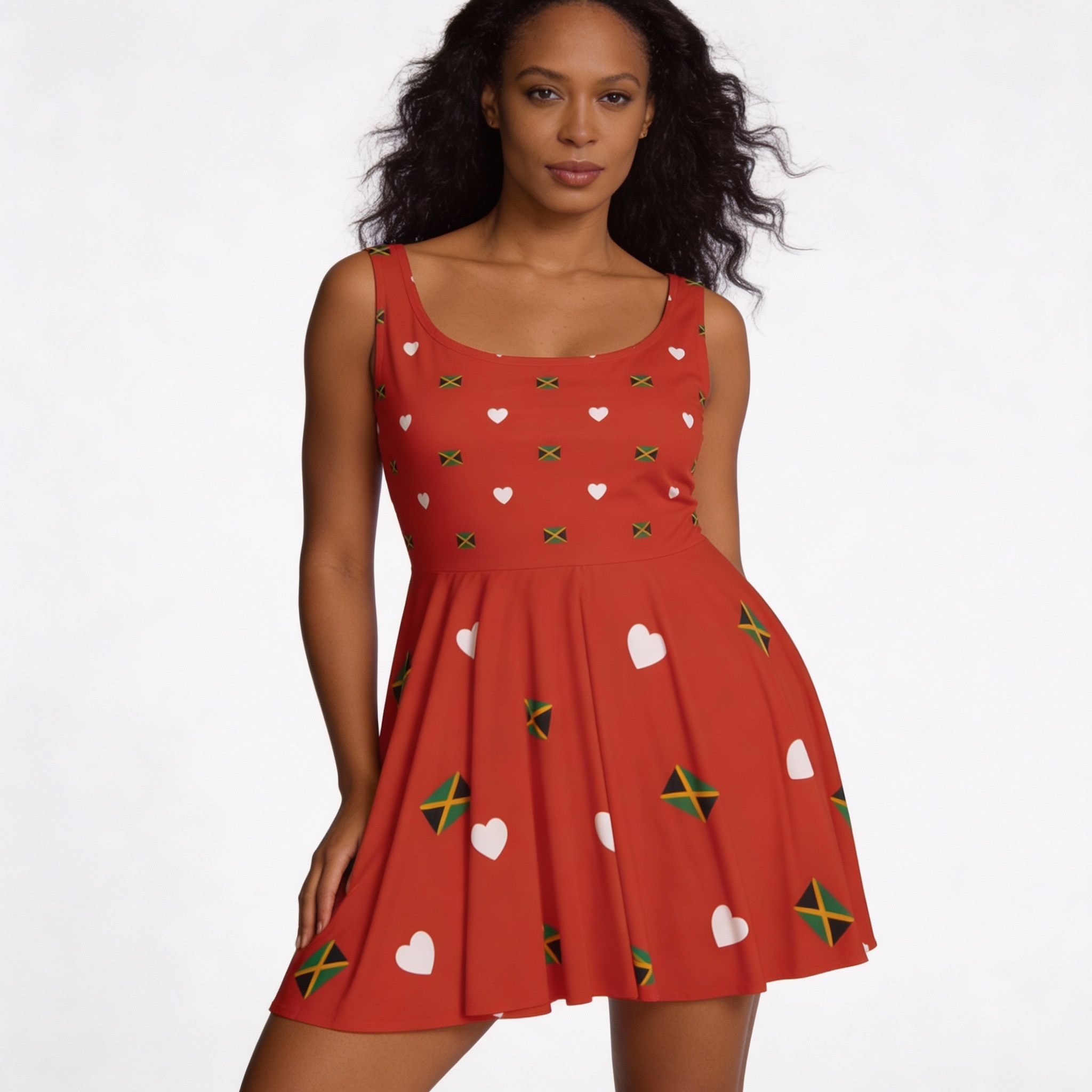 Skater Dress-Jamaica Flag Heart Red Dress -Asymmetrical Flare Bottom Dress product thumbnail image Skater Dress-Jamaica Flag Heart Red Dress -Asymmetrical Flare Bottom Dress product thumbnail image