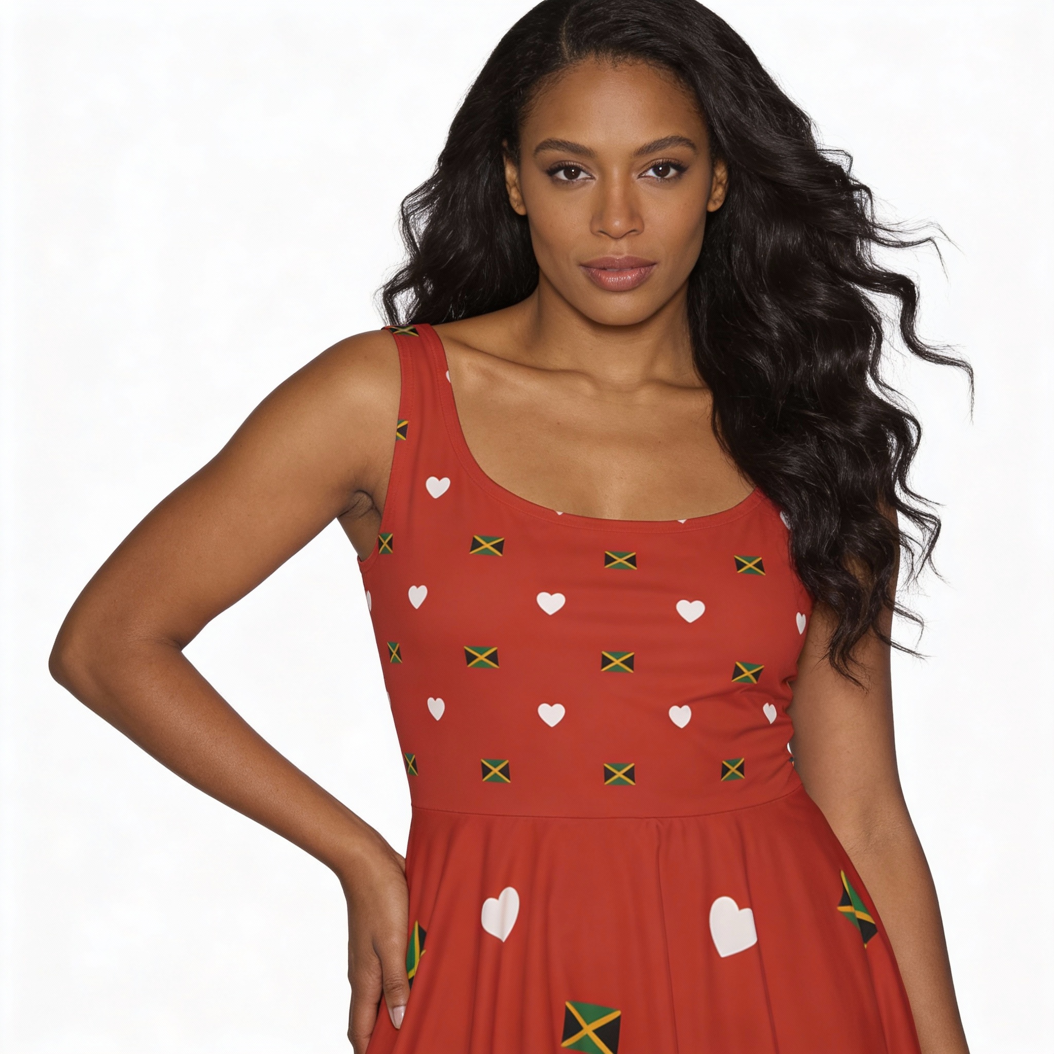 Skater Dress-Jamaica Flag Heart Red Dress -Asymmetrical Flare Bottom Dress product thumbnail image