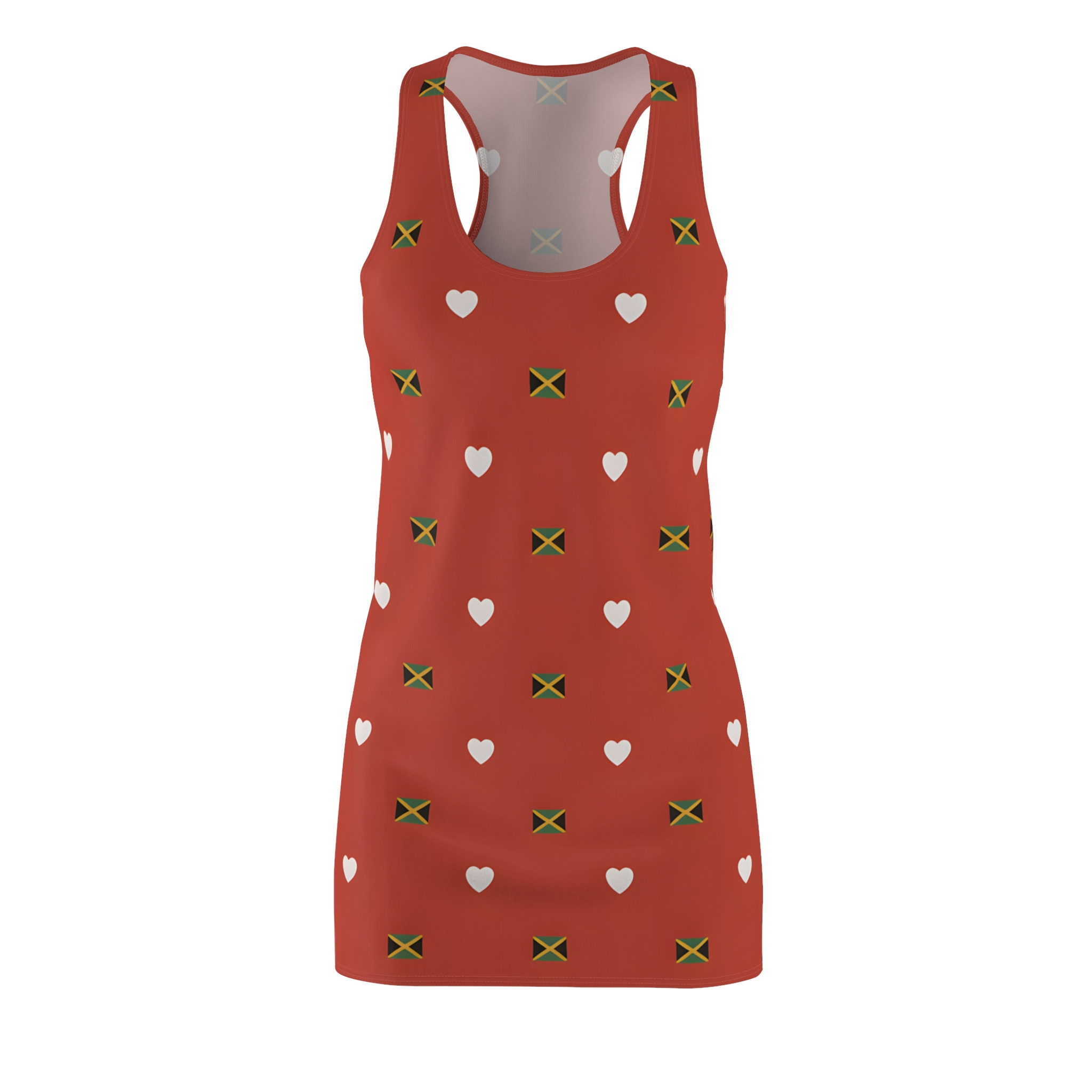Mini Dress-Jamaica Flag Heart Racerback Dress — Red Women's Mini Dress product thumbnail image Mini Dress-Jamaica Flag Heart Racerback Dress — Red Women's Mini Dress product thumbnail image