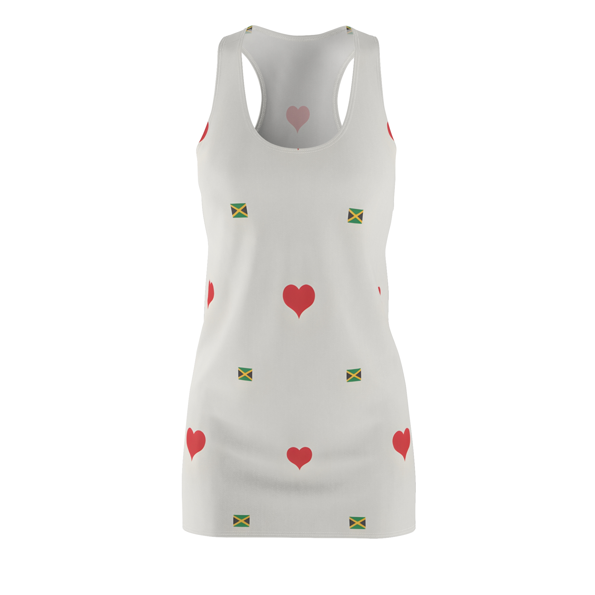 Racerback Dress — Jamaican Flag & Hearts All-Over Print- Red and White Mini Dress product thumbnail image Racerback Dress — Jamaican Flag & Hearts All-Over Print- Red and White Mini Dress product thumbnail image