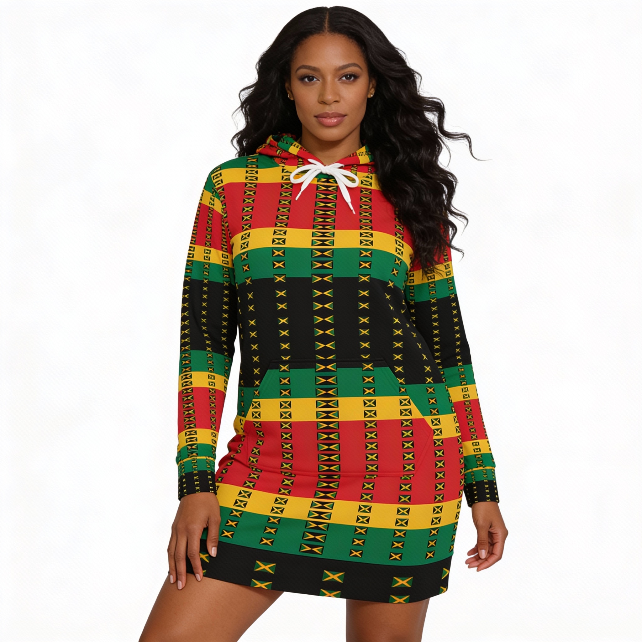 Hoodie Dress — Jamaican Flag Print Red Green Yellow Hoodie Dress product thumbnail image Hoodie Dress — Jamaican Flag Print Red Green Yellow Hoodie Dress product thumbnail image