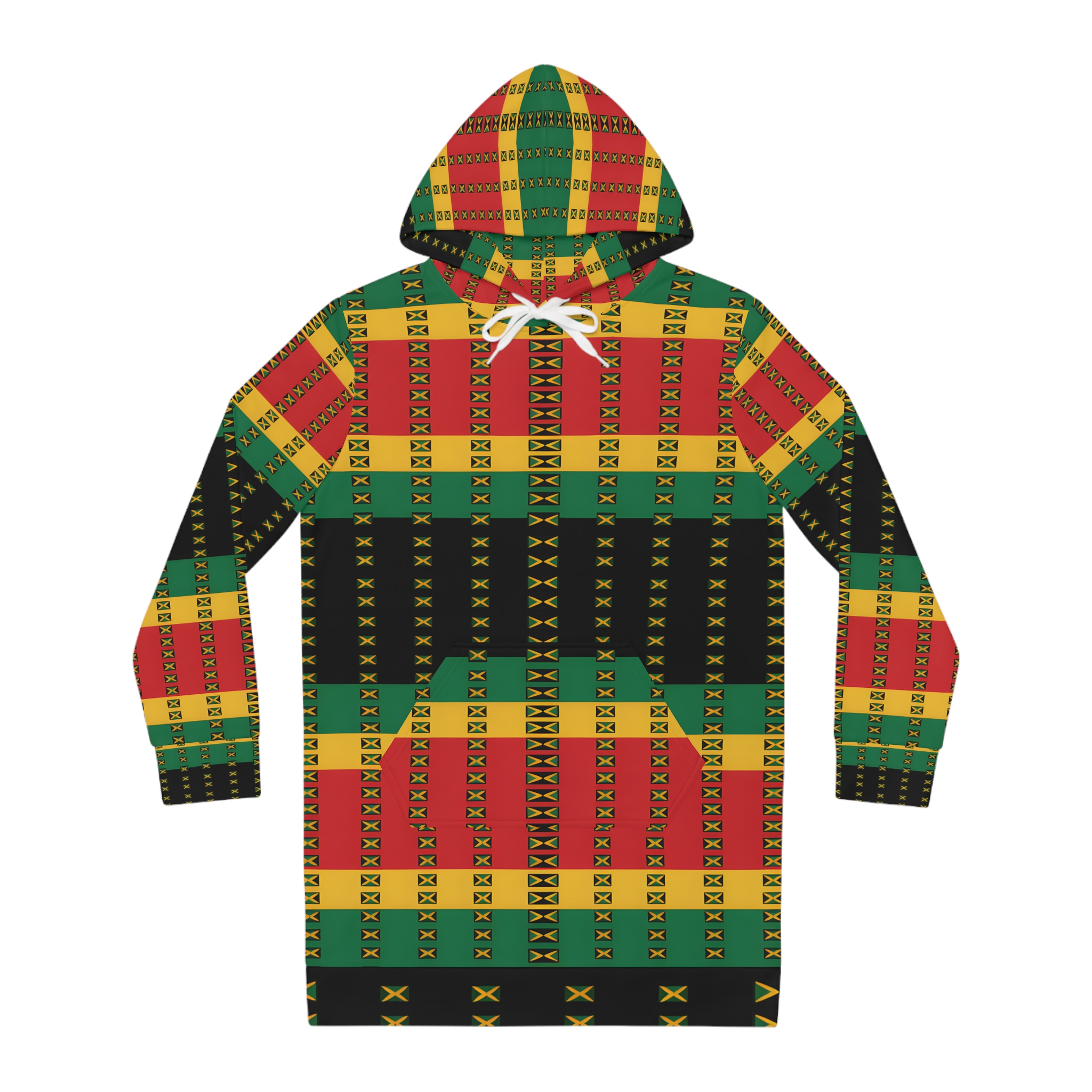 Hoodie Dress — Jamaican Flag Print Red Green Yellow Hoodie Dress product thumbnail image Hoodie Dress — Jamaican Flag Print Red Green Yellow Hoodie Dress product thumbnail image
