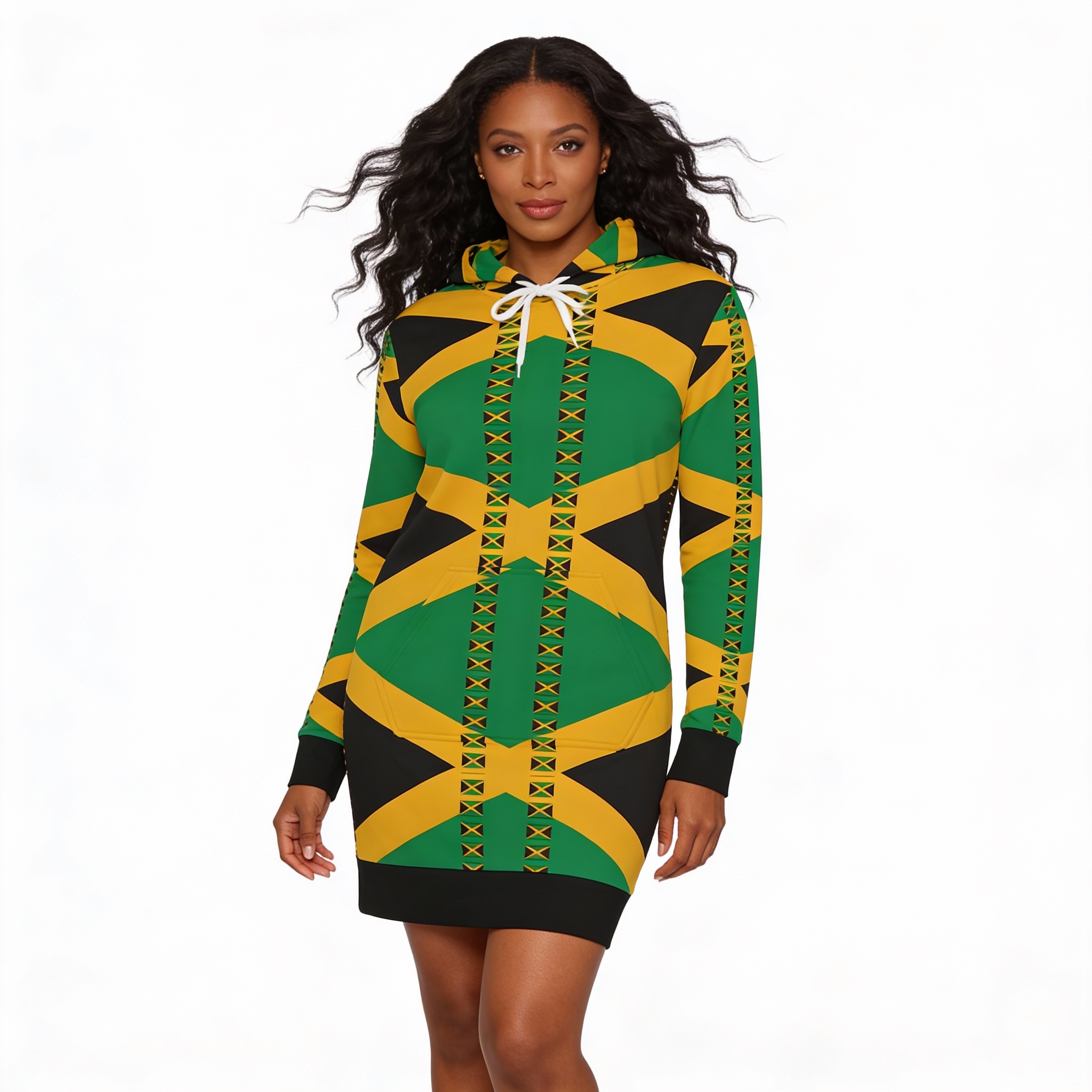  Hoodie Dress-Jamaican Flag — Black, Green, Yellow Print