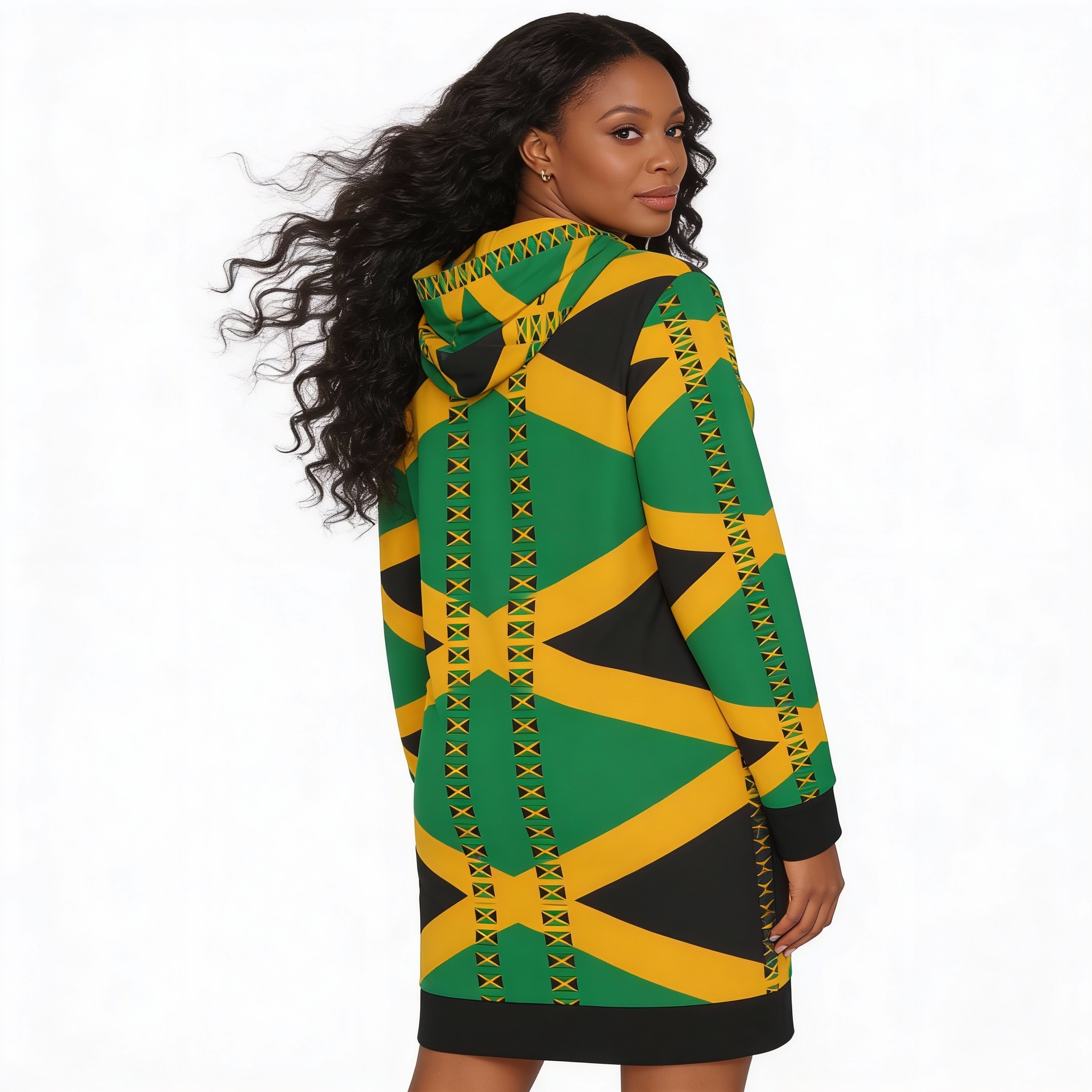  Hoodie Dress-Jamaican Flag — Black, Green, Yellow Print product thumbnail image