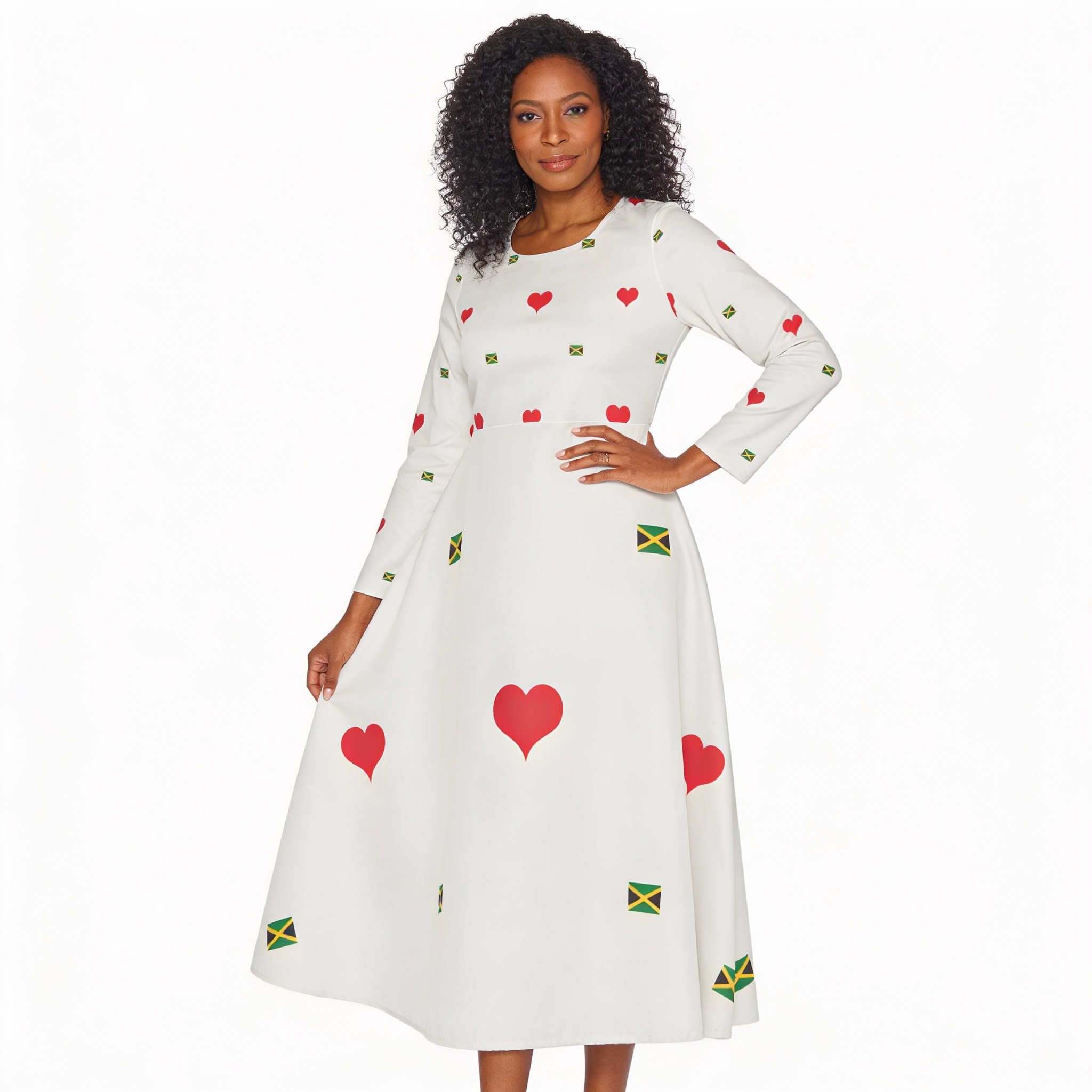 Midi Dance Dress —Women's Jamaican Flag & Red Heart All-Over Print Midi Dance Dress —Women's Jamaican Flag & Red Heart All-Over Print
