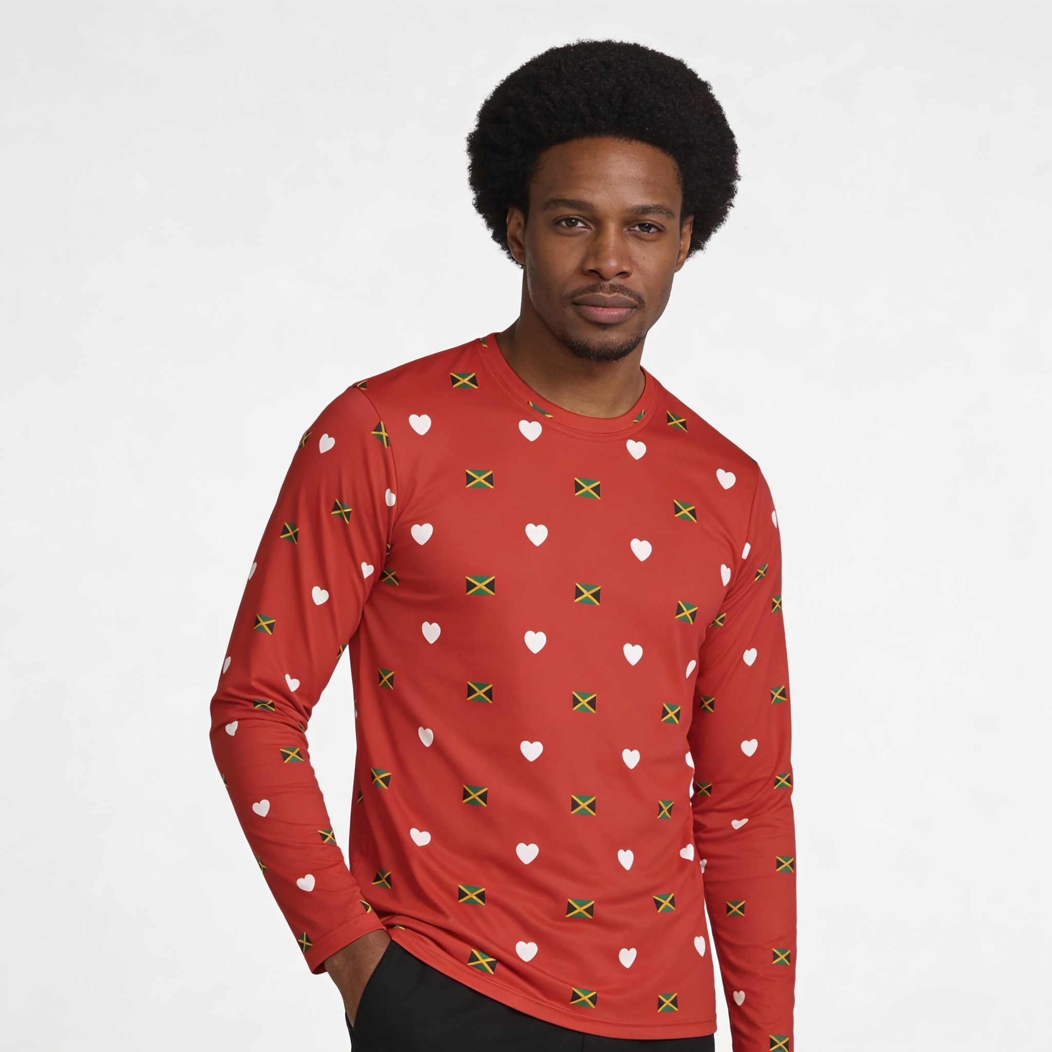 Long Sleeve Shirt-Unisex Jamaica Flag &amp; Hearts All-Over Print - Red product thumbnail image