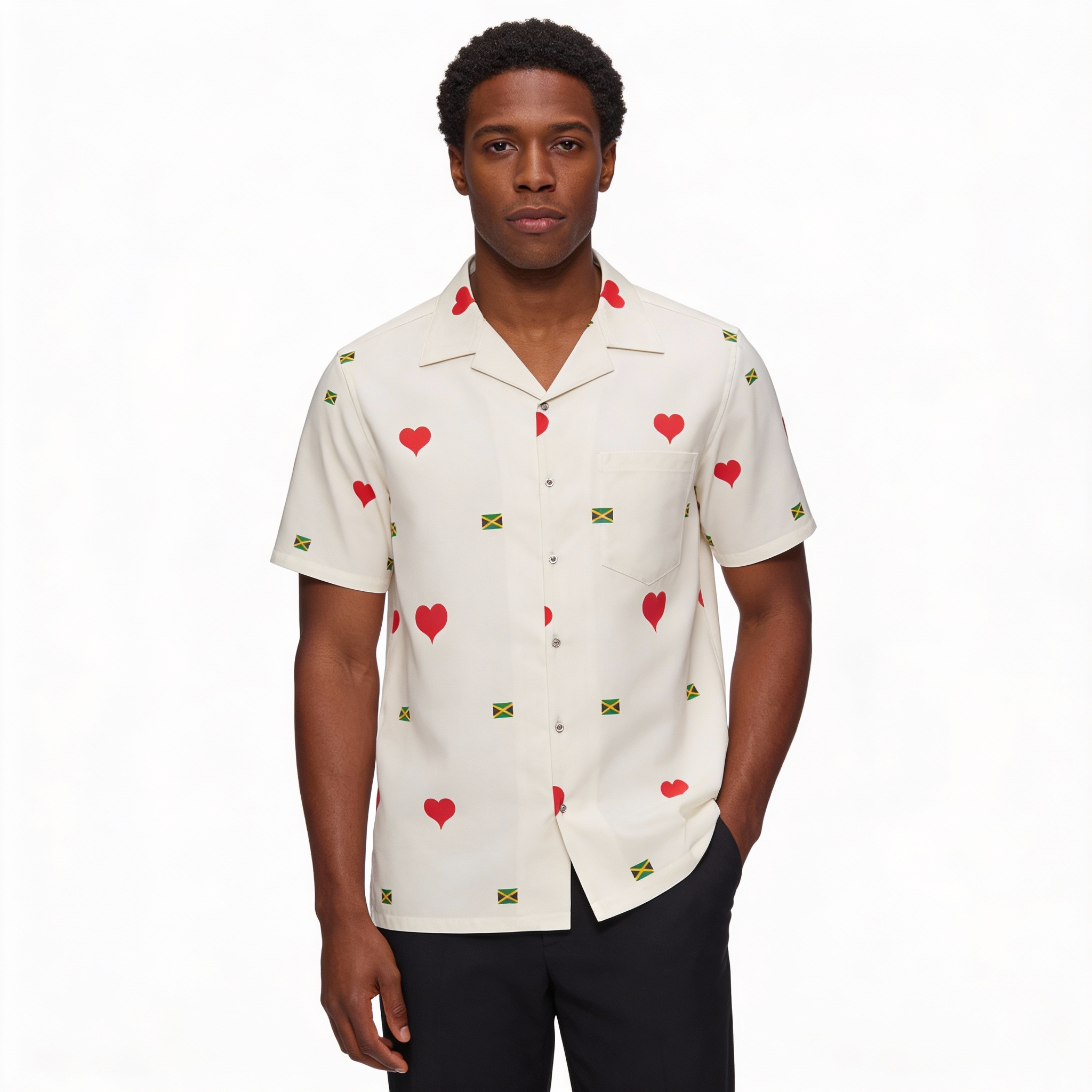 Button Down Shirt-Jamaica Love Relaxed Fit Shirt — Red Heart Pattern Men's Camp Shirt product thumbnail image