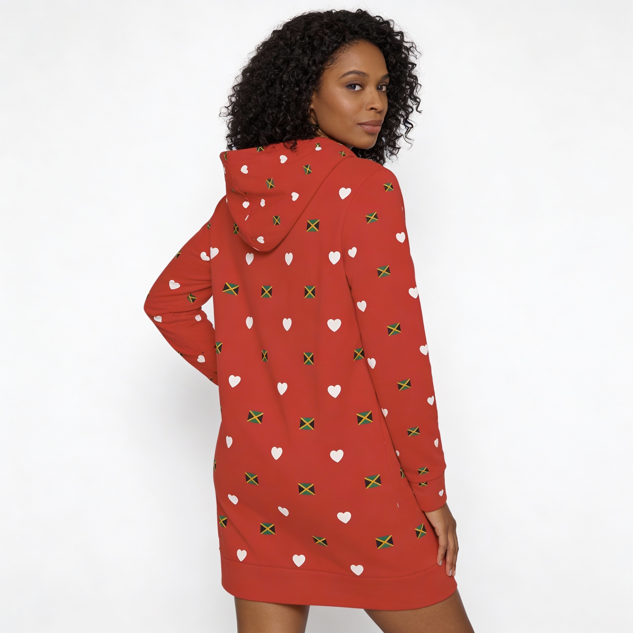 Hoodie Dress -Jamaican Flag Heart Print— Red All-Over Print Cozy Women's Hooded Dress product thumbnail image Hoodie Dress -Jamaican Flag Heart Print— Red All-Over Print Cozy Women's Hooded Dress product thumbnail image