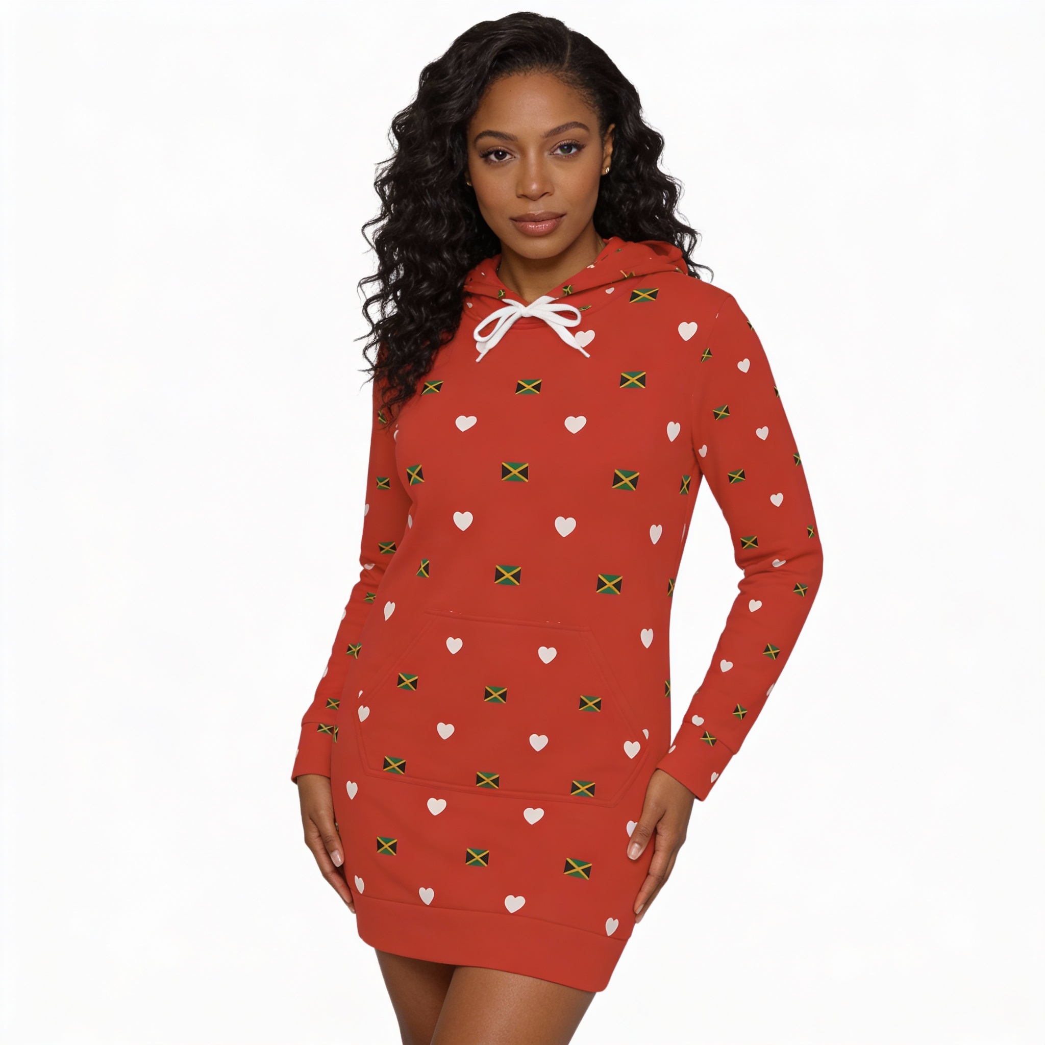 Hoodie Dress -Jamaican Flag Heart Print— Red All-Over Print Cozy Women's Hooded Dress product thumbnail image Hoodie Dress -Jamaican Flag Heart Print— Red All-Over Print Cozy Women's Hooded Dress product thumbnail image