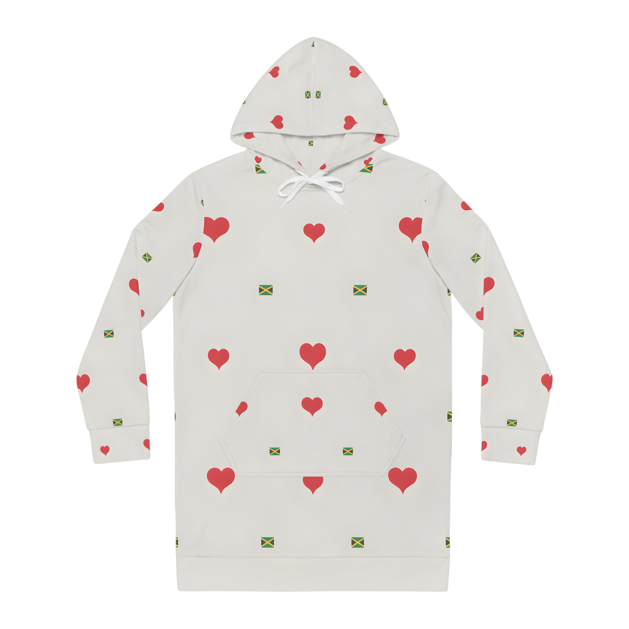 Hoodie Dress- Jamaica Flag Heart Print  Pattern— Cute All-Over Pattern Pullover Hoodie Dress-White product thumbnail image