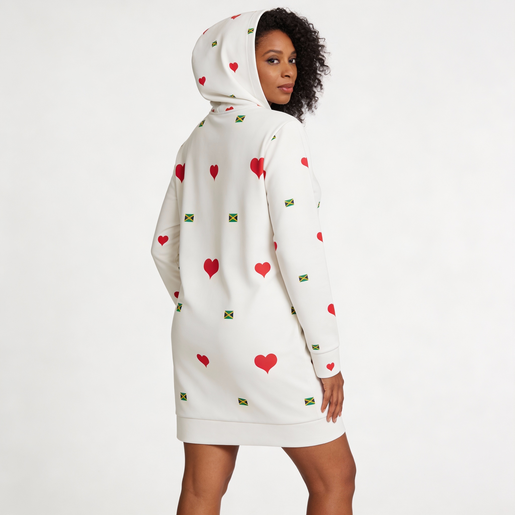 Hoodie Dress- Jamaica Flag Heart Print Pattern— Cute All-Over Pattern Pullover Hoodie Dress-White product thumbnail image Hoodie Dress- Jamaica Flag Heart Print Pattern— Cute All-Over Pattern Pullover Hoodie Dress-White product thumbnail image