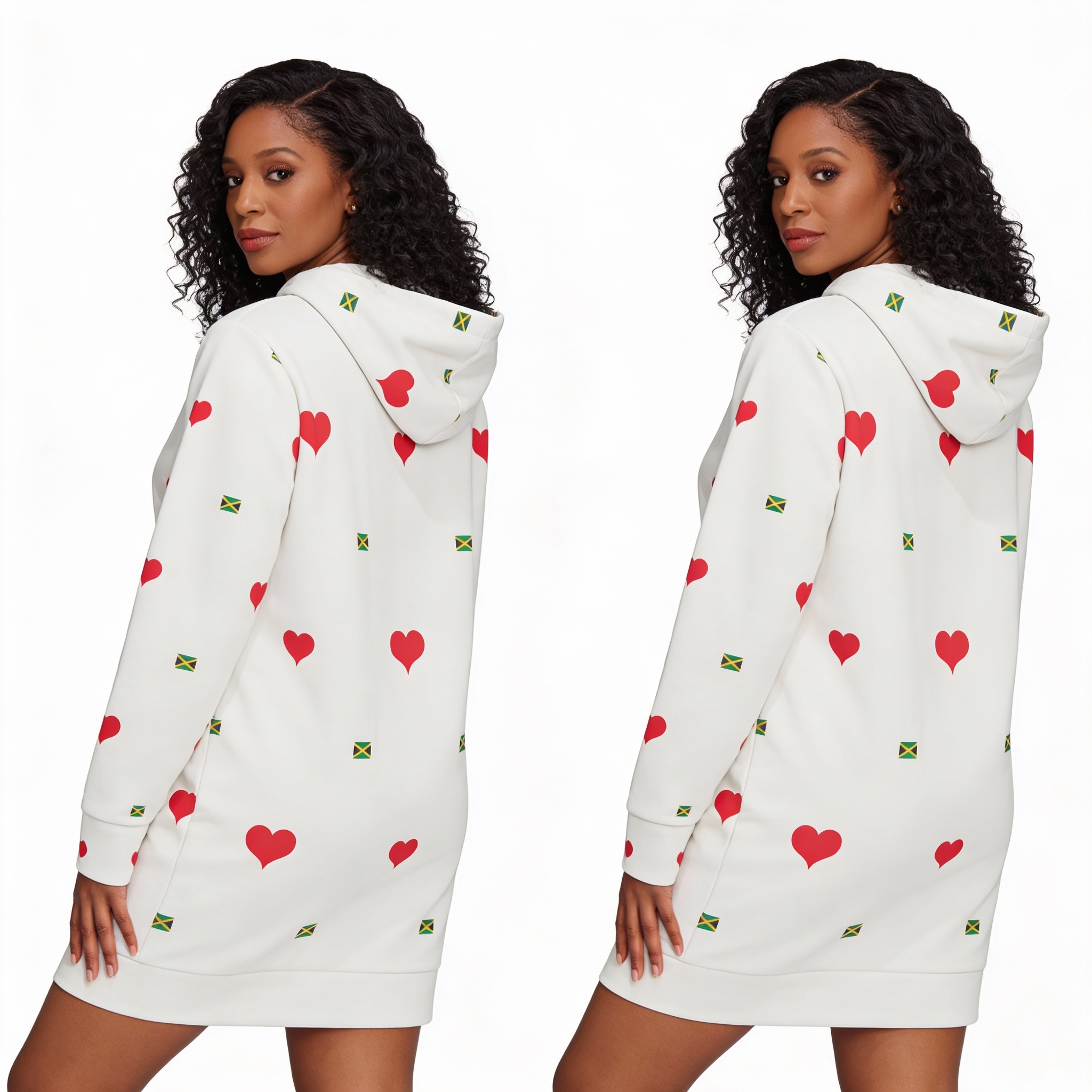 Hoodie Dress- Jamaica Flag Heart Print Pattern— Cute All-Over Pattern Pullover Hoodie Dress-White product thumbnail image Hoodie Dress- Jamaica Flag Heart Print Pattern— Cute All-Over Pattern Pullover Hoodie Dress-White product thumbnail image