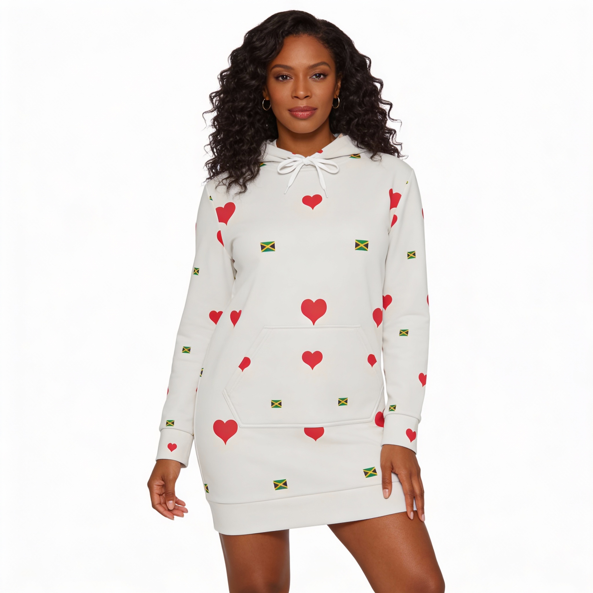 Hoodie Dress- Jamaica Flag Heart Print Pattern— Cute All-Over Pattern Pullover Hoodie Dress-White Hoodie Dress- Jamaica Flag Heart Print Pattern— Cute All-Over Pattern Pullover Hoodie Dress-White