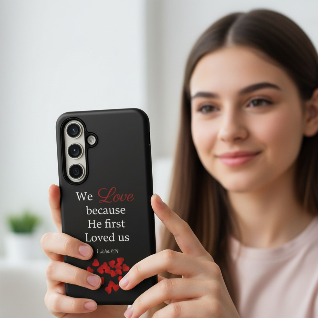 Phone Case for all phones [including iPhone 17 16 15 Samsung Galaxy Google Pixel] 1 John 4:19 Bible Verse We Love Because He First Loved Us Red Hearts Christian Gift product thumbnail image