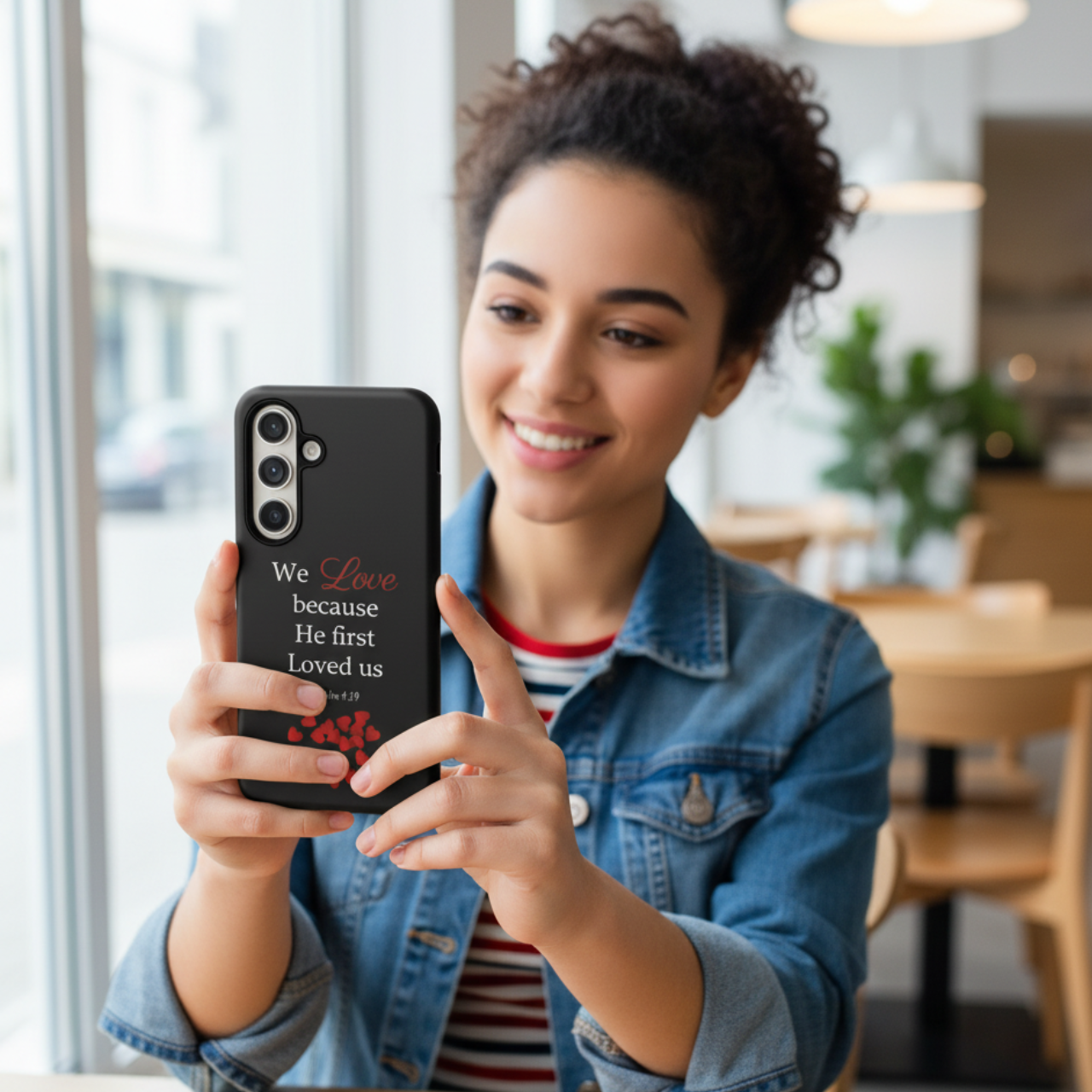 Phone Case for all phones [including iPhone 17 16 15 Samsung Galaxy Google Pixel] 1 John 4:19 Bible Verse We Love Because He First Loved Us Red Hearts Christian Gift product thumbnail image