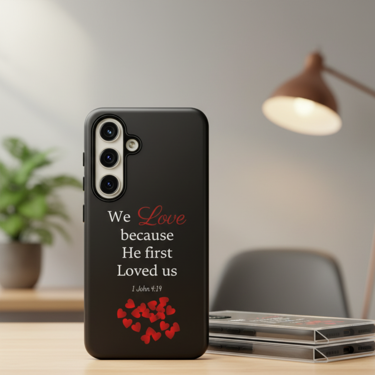 Phone Case for all phones [including iPhone 17 16 15 Samsung Galaxy Google Pixel] 1 John 4:19 Bible Verse We Love Because He First Loved Us Red Hearts Christian Gift