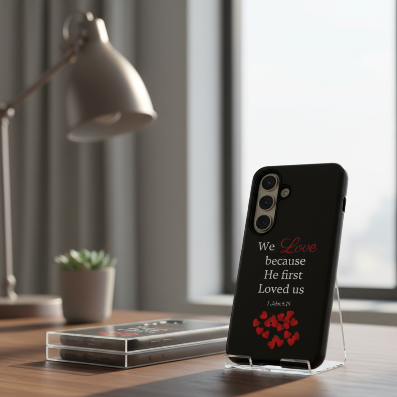 Phone Case for all phones [including iPhone 17 16 15 Samsung Galaxy Google Pixel] 1 John 4:19 Bible Verse We Love Because He First Loved Us Red Hearts Christian Gift product thumbnail image