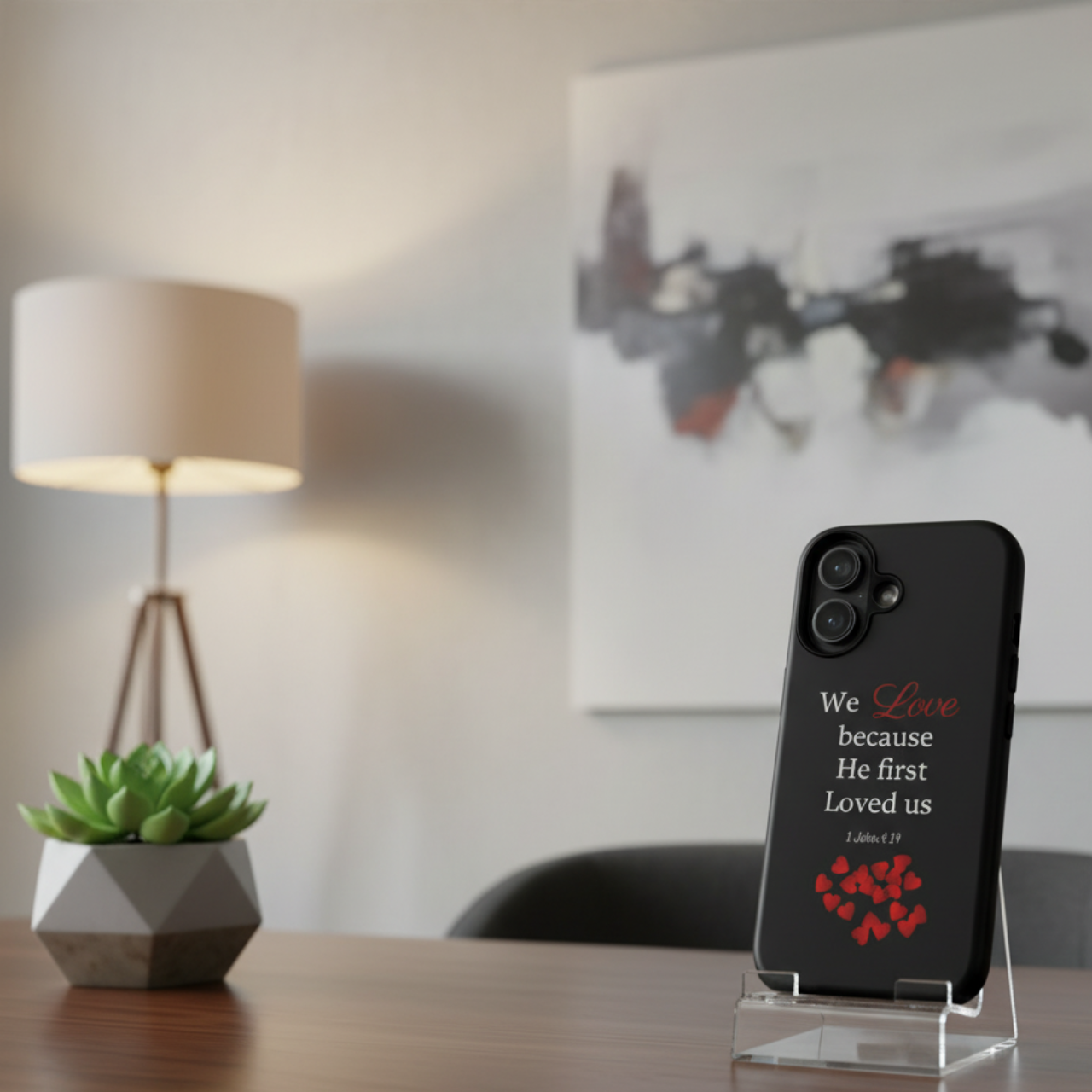 Phone Case for all phones [including iPhone 17 16 15 Samsung Galaxy Google Pixel] 1 John 4:19 Bible Verse We Love Because He First Loved Us Red Hearts Christian Gift product thumbnail image