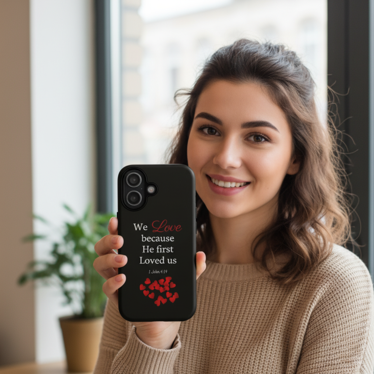 Phone Case for all phones [including iPhone 17 16 15 Samsung Galaxy Google Pixel] 1 John 4:19 Bible Verse We Love Because He First Loved Us Red Hearts Christian Gift product thumbnail image