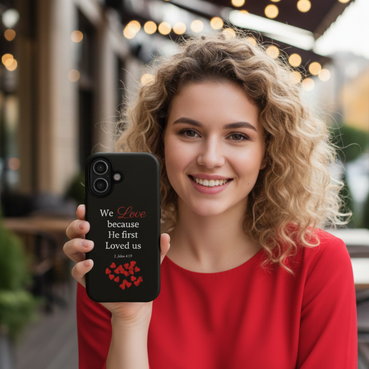 Phone Case for all phones [including iPhone 17 16 15 Samsung Galaxy Google Pixel] 1 John 4:19 Bible Verse We Love Because He First Loved Us Red Hearts Christian Gift product thumbnail image