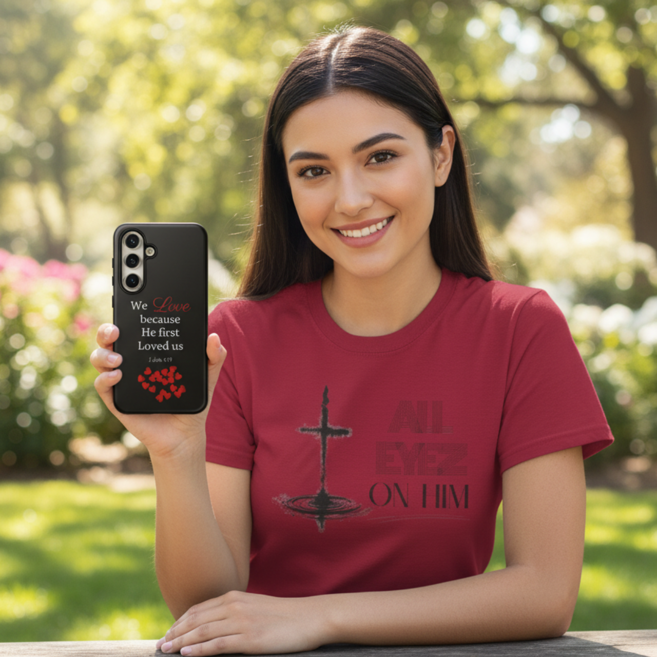 Phone Case for all phones [including iPhone 17 16 15 Samsung Galaxy Google Pixel] 1 John 4:19 Bible Verse We Love Because He First Loved Us Red Hearts Christian Gift product thumbnail image