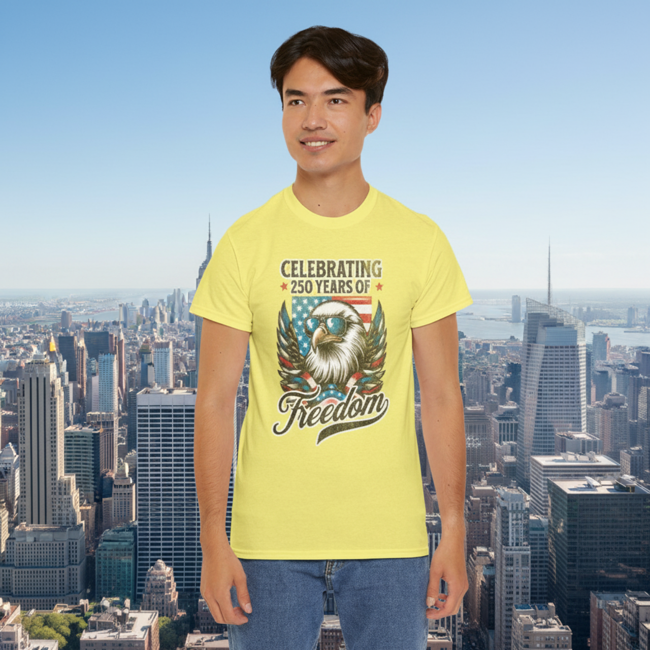 250th Anniversary Eagle Tee — "Freedom" Bald Eagle with Sunglasses &amp; Distressed Flag