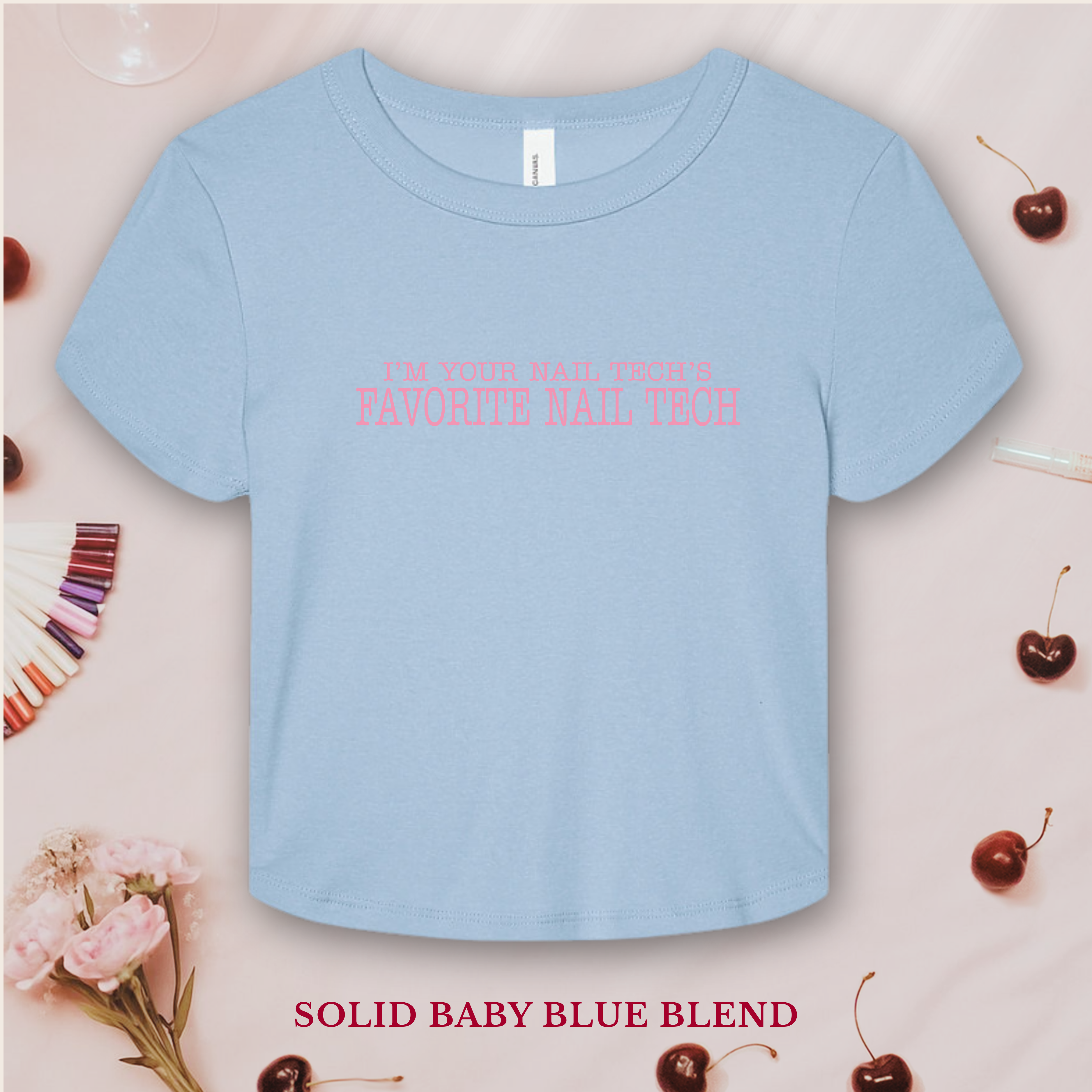I'm Your Nail Tech's Favorite Nail Tech; Bella & Canvas Baby Tee; High Low Simple Pink Text product thumbnail image I'm Your Nail Tech's Favorite Nail Tech; Bella & Canvas Baby Tee; High Low Simple Pink Text product thumbnail image